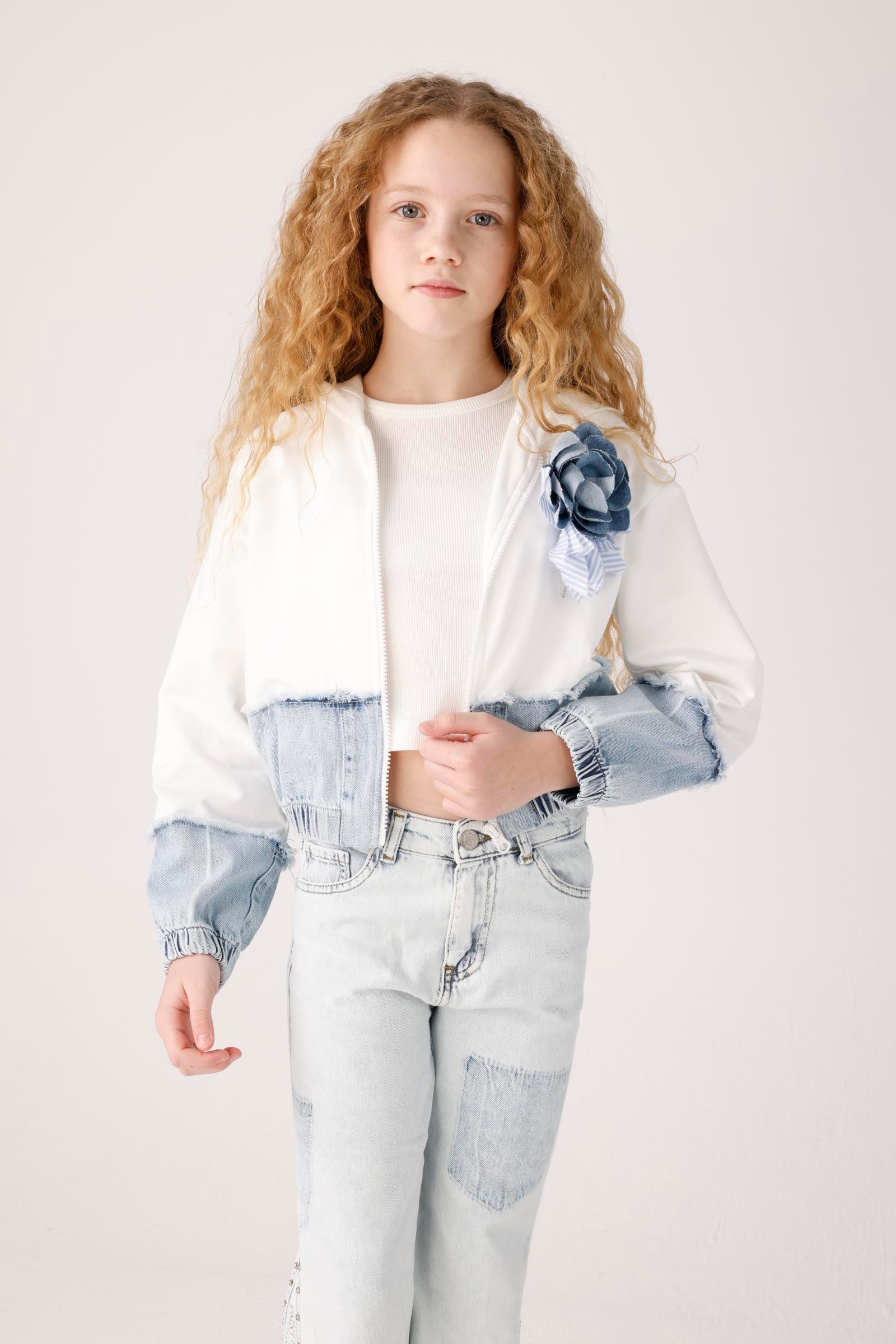 JENA Denim Parçalı Kız Ceket - Beyaz