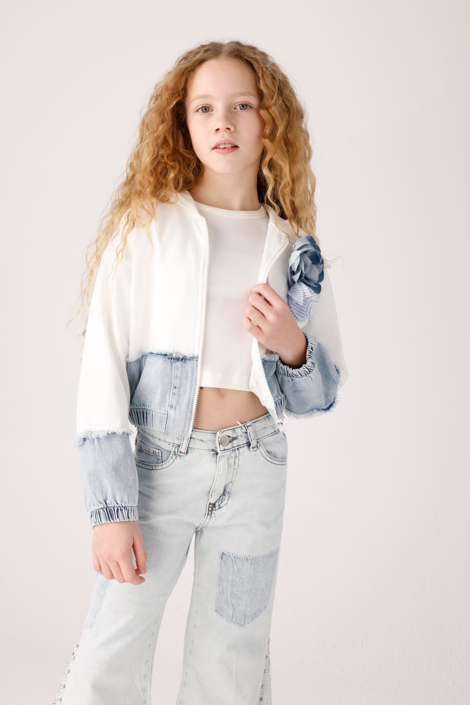 JENA Denim Parçalı Kız Ceket - Beyaz