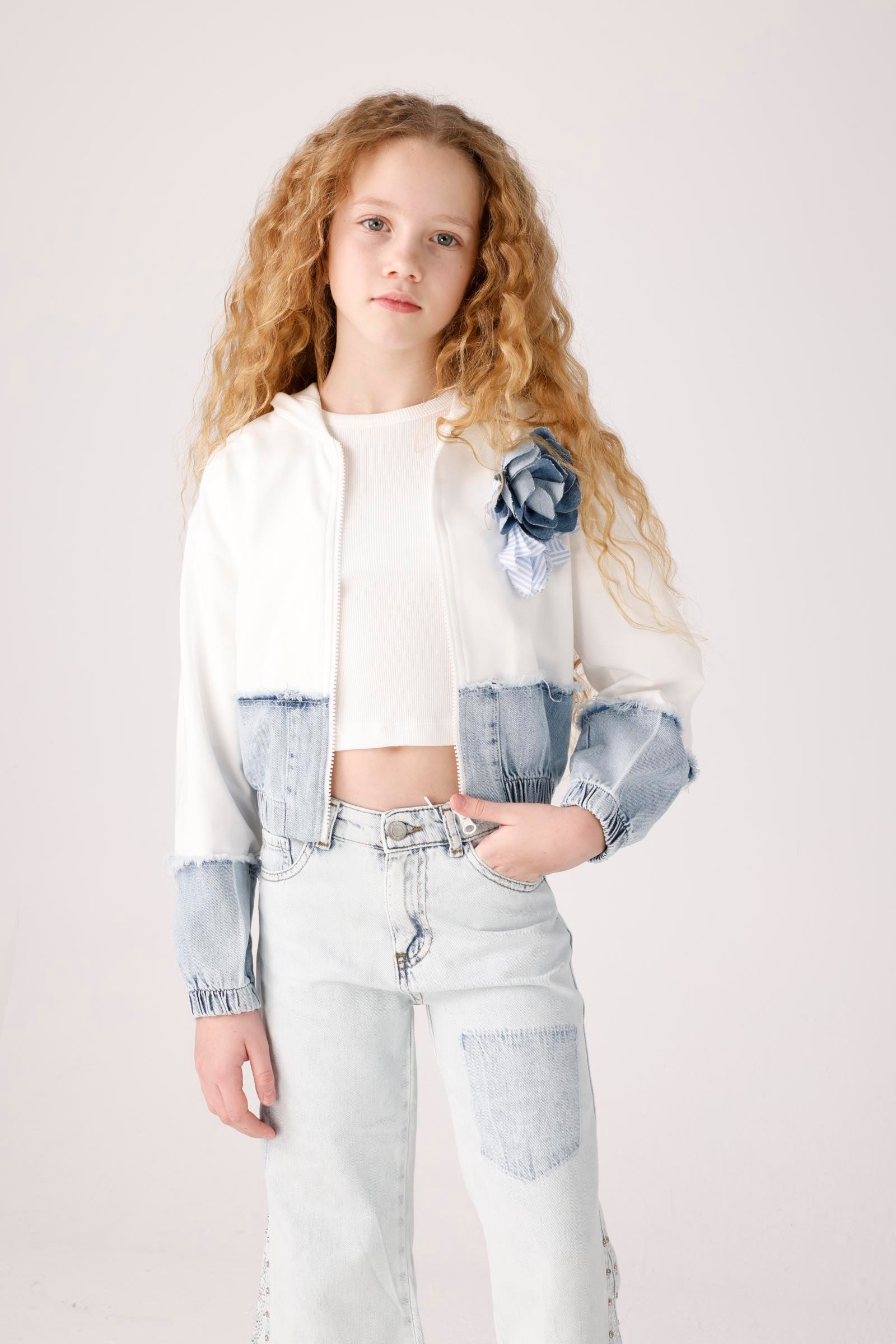 JENA Denim Parçalı Kız Ceket - Beyaz