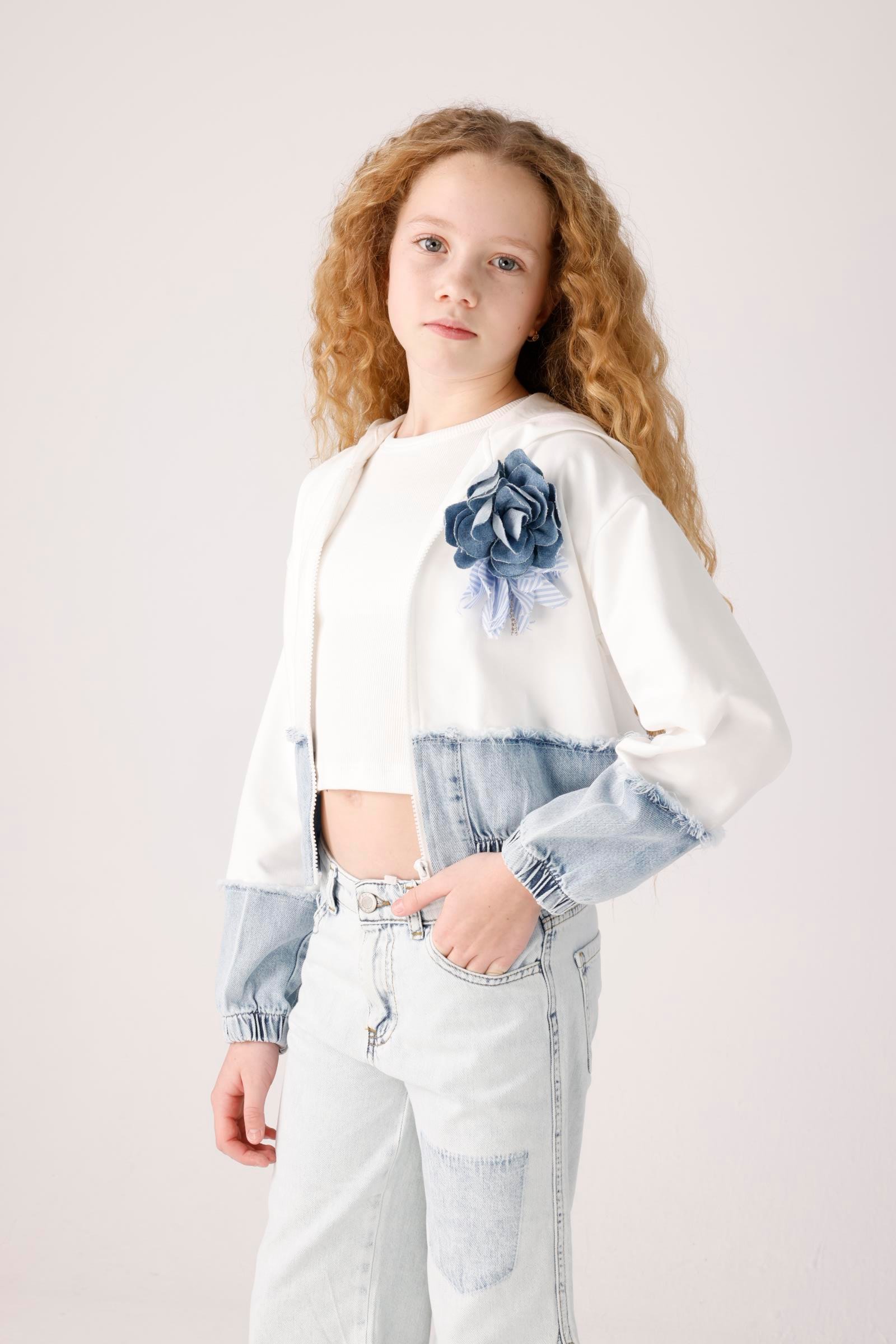 JENA Denim Parçalı Kız Ceket - Beyaz