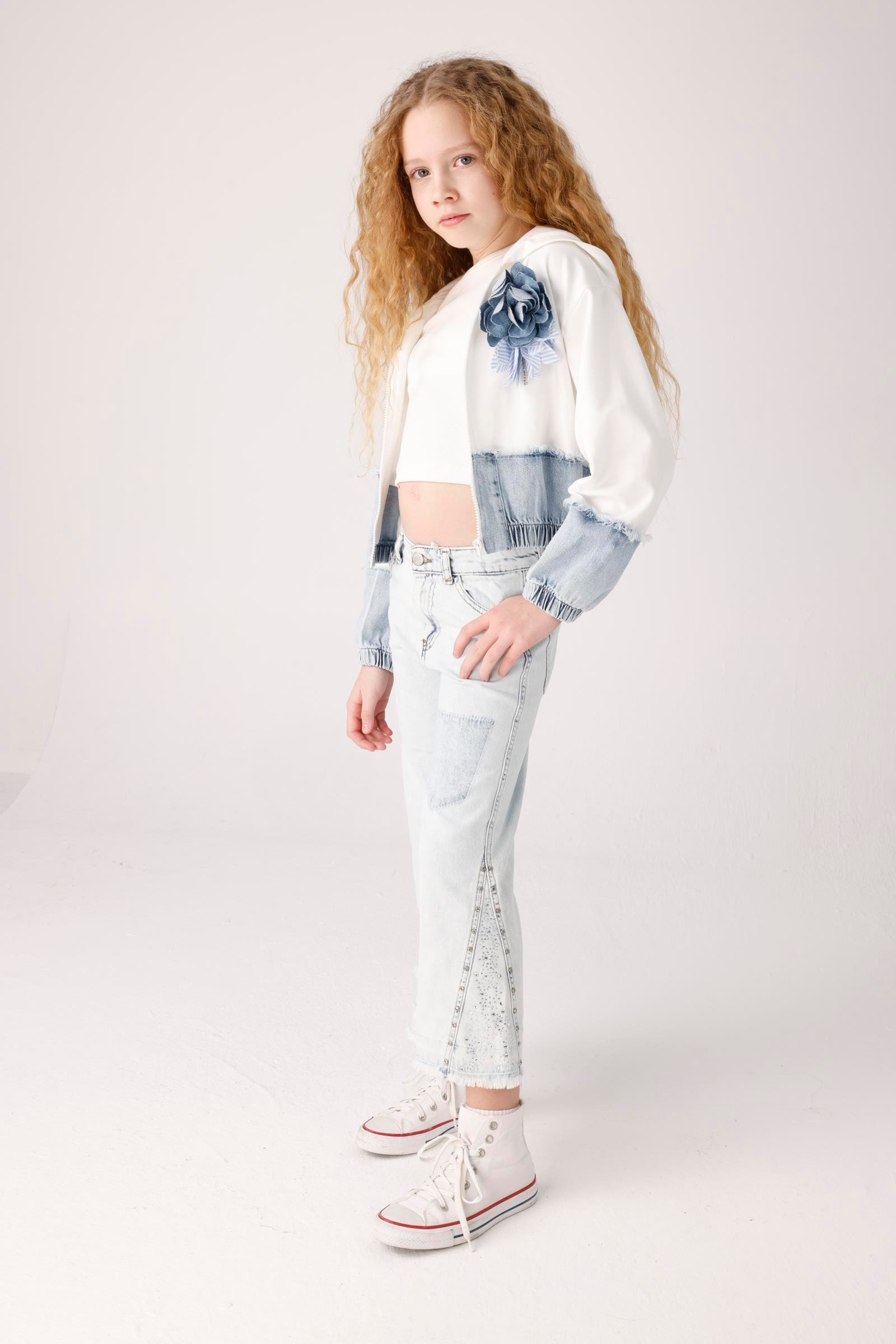 JENA Denim Parçalı Kız Ceket - Beyaz