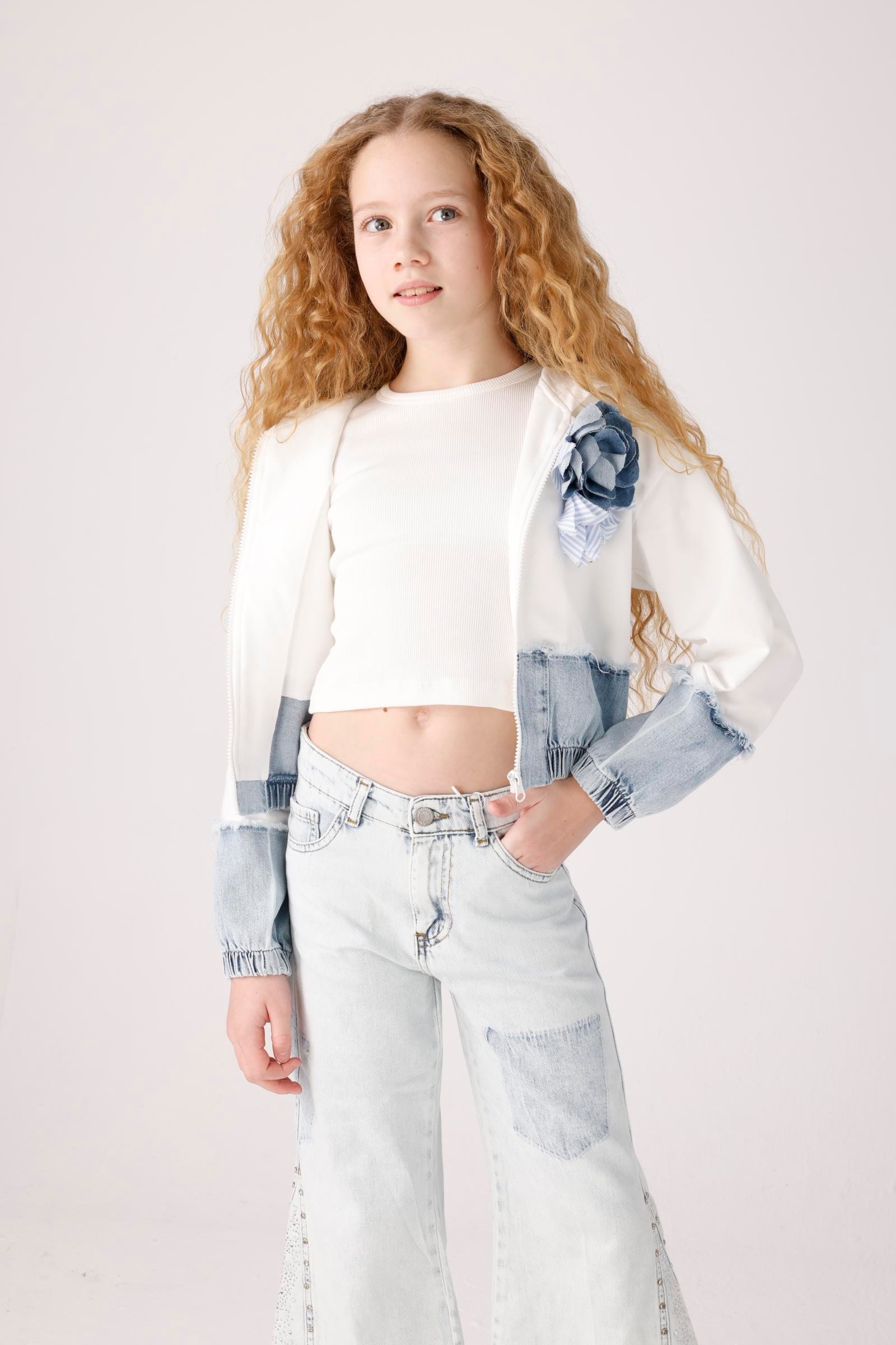 JENA Denim Parçalı Kız Ceket - Beyaz