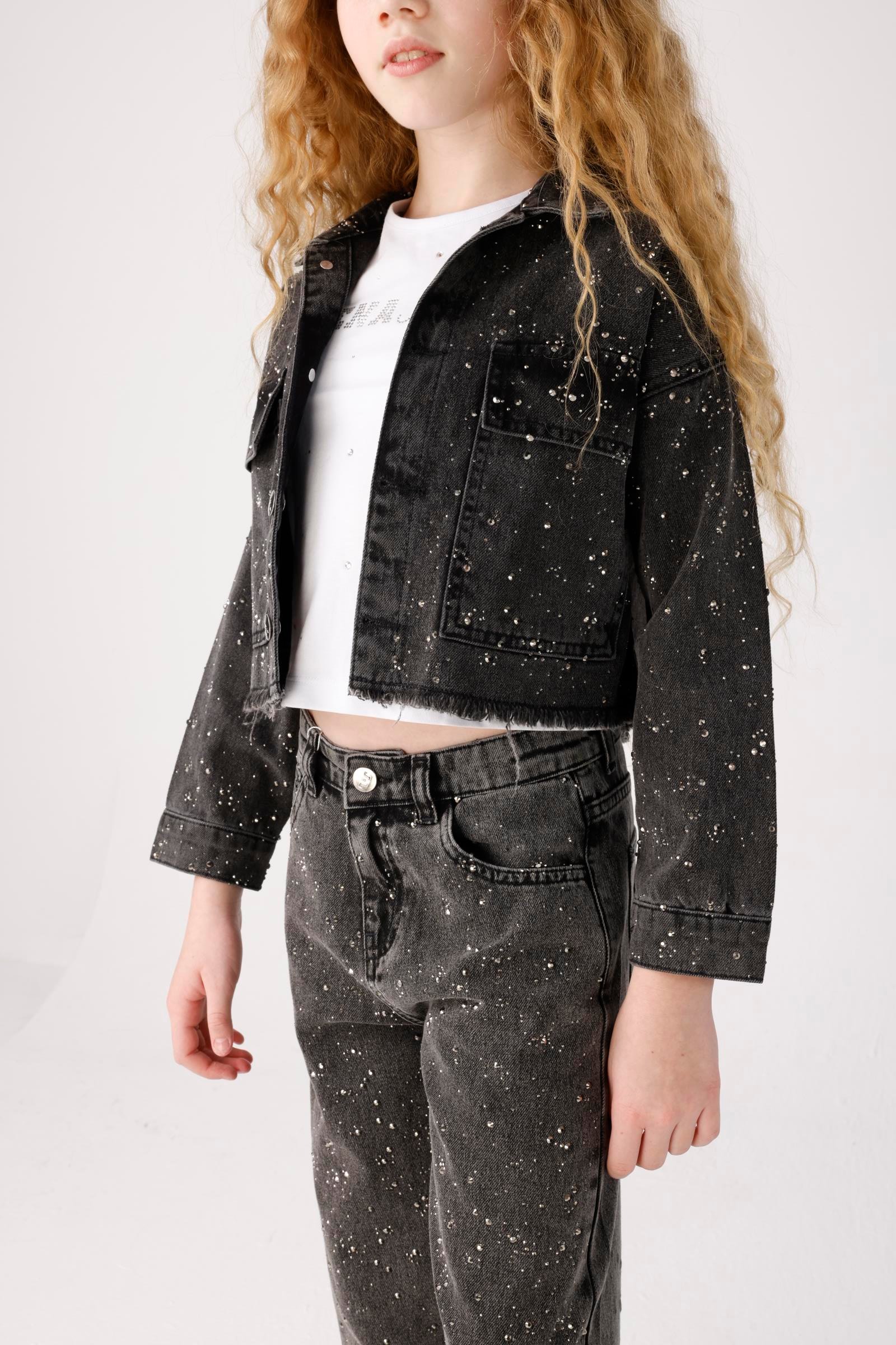 JENA Diamond Denim Kız Ceket - Siyah