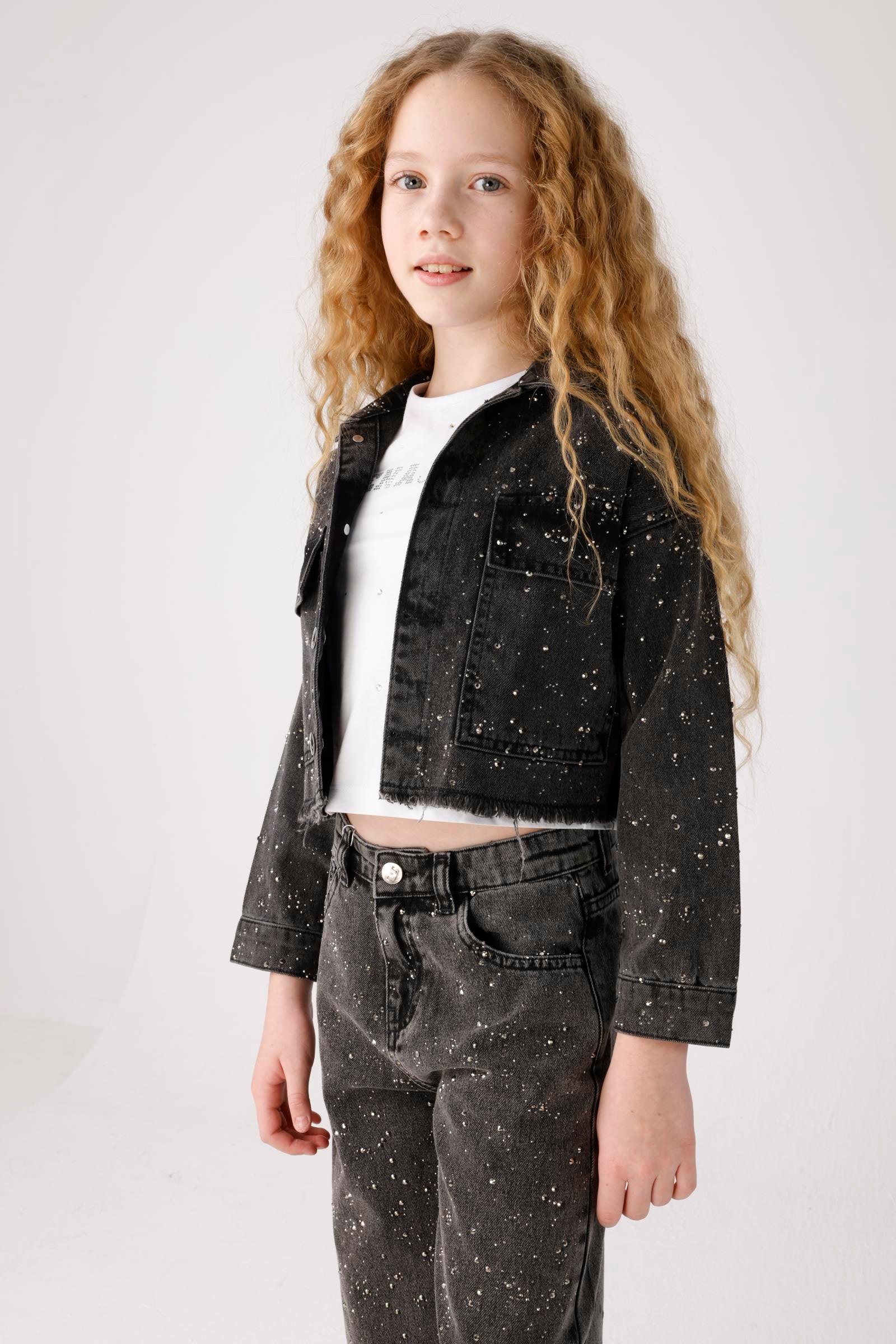 JENA Diamond Denim Kız Ceket - Siyah