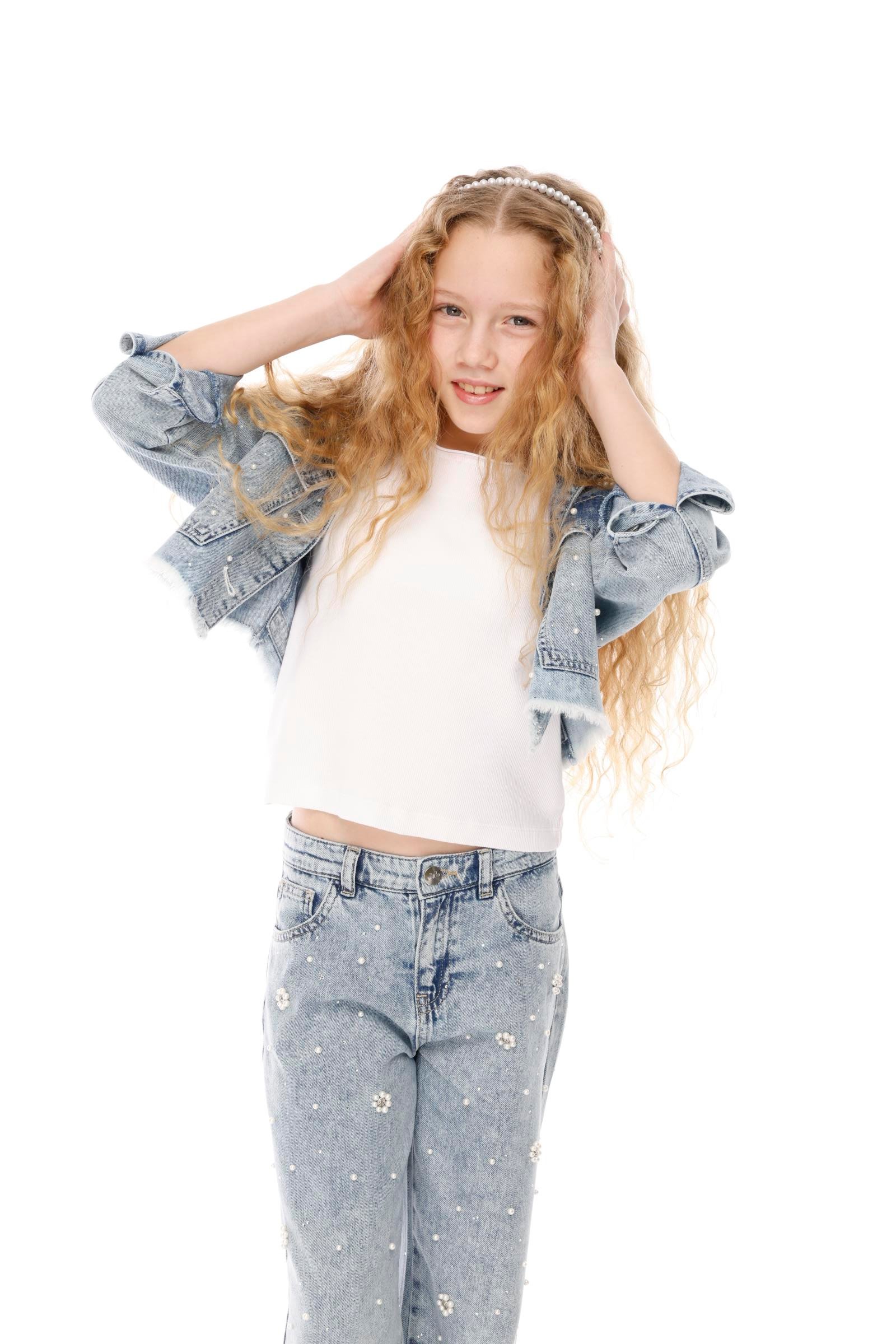 JENA İNcili Papatya Kız Pantolon - Mavi