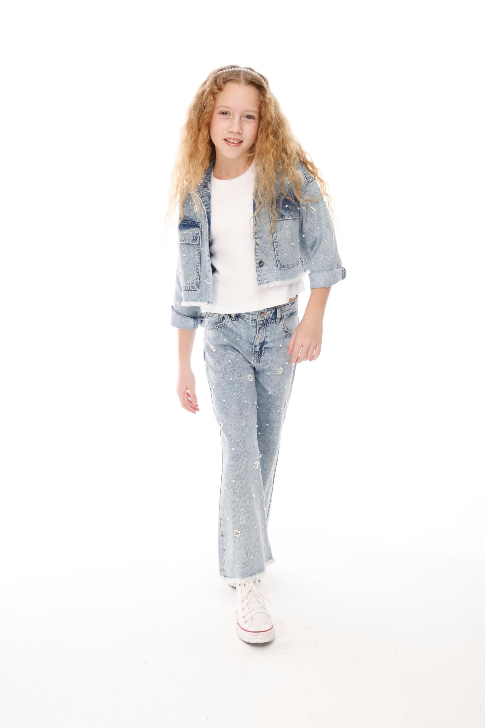 JENA İNcili Papatya Kız Pantolon - Mavi