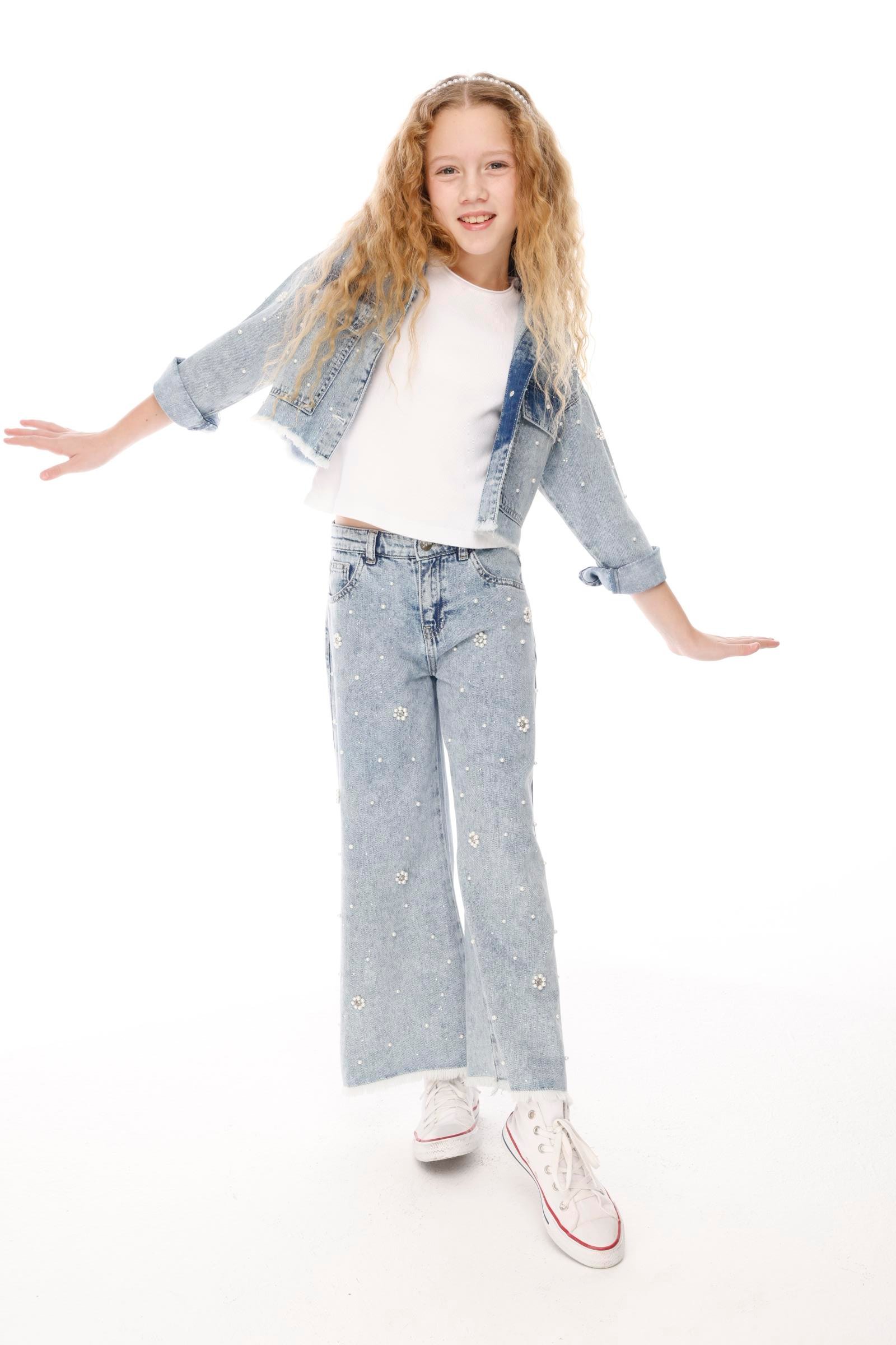 JENA İNcili Papatya Kız Pantolon - Mavi