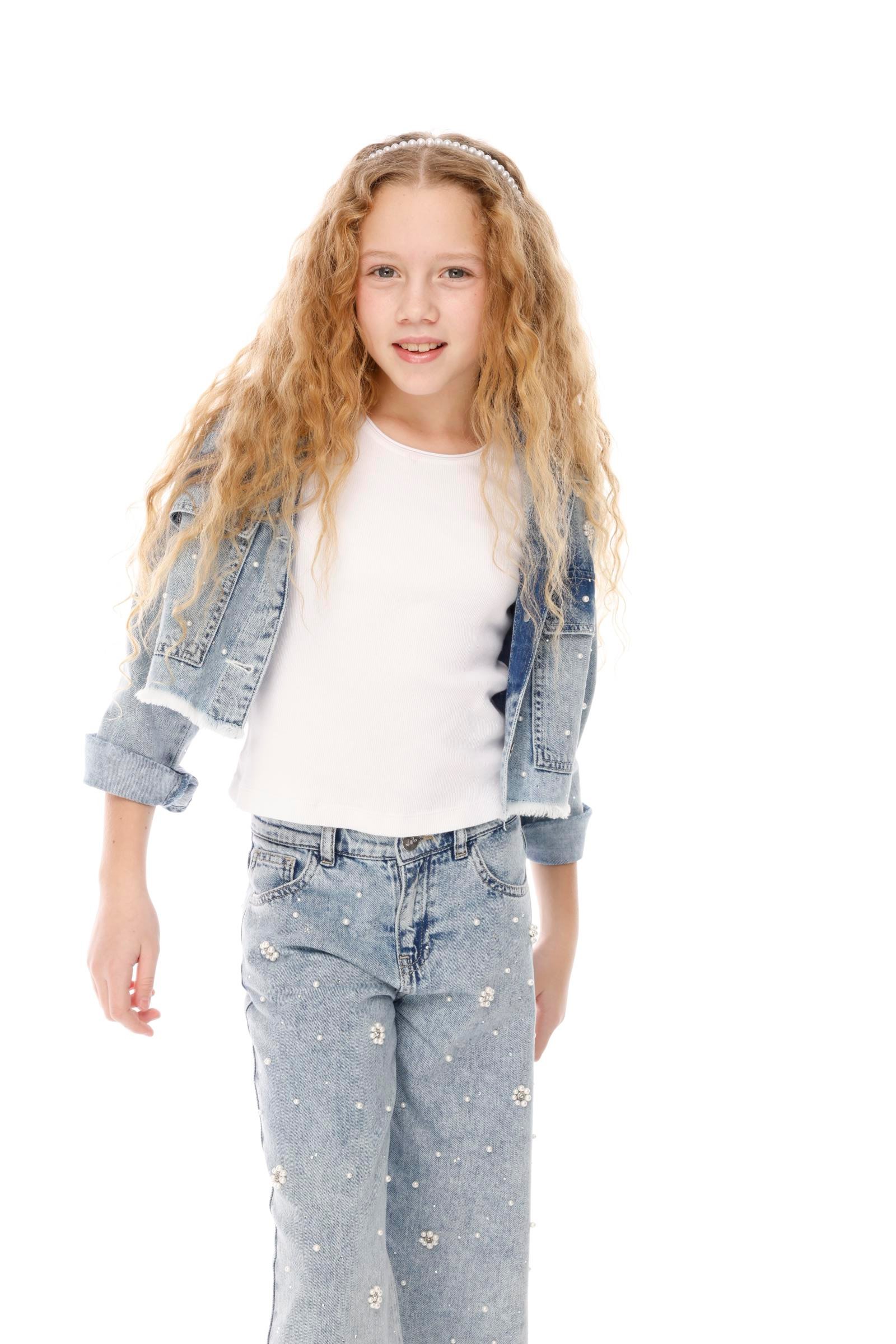 JENA İNcili Papatya Kız Pantolon - Mavi