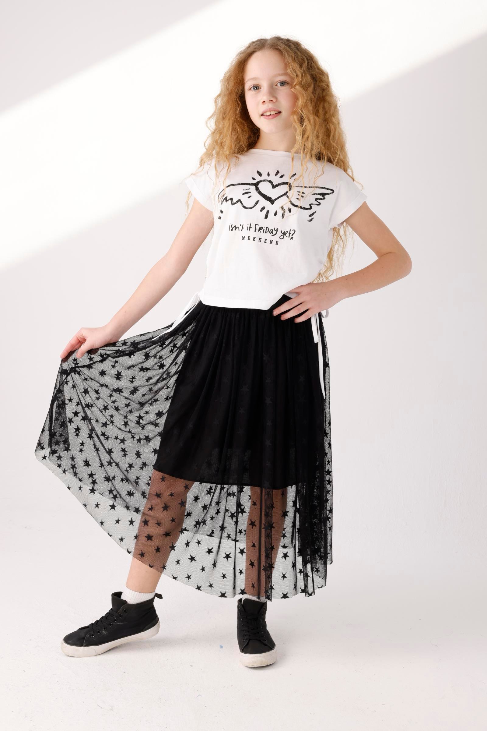 JENA Kanatlı Kalp Kız Tişört - Siyah