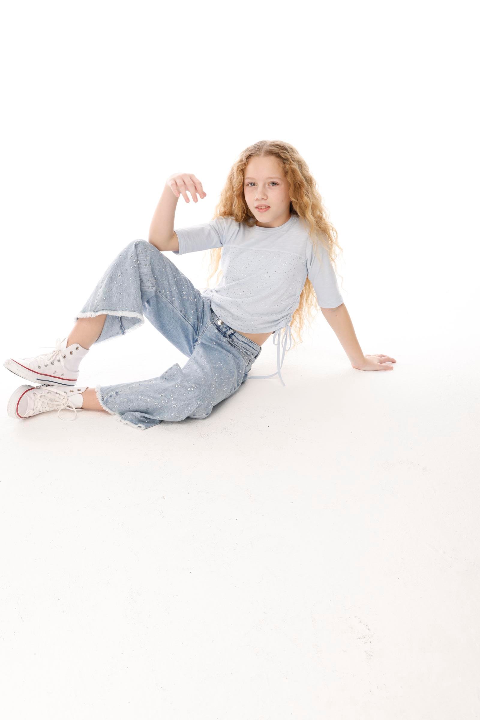 JENA Taşlı Yanı Büzgü Kız Bluz - Beyaz