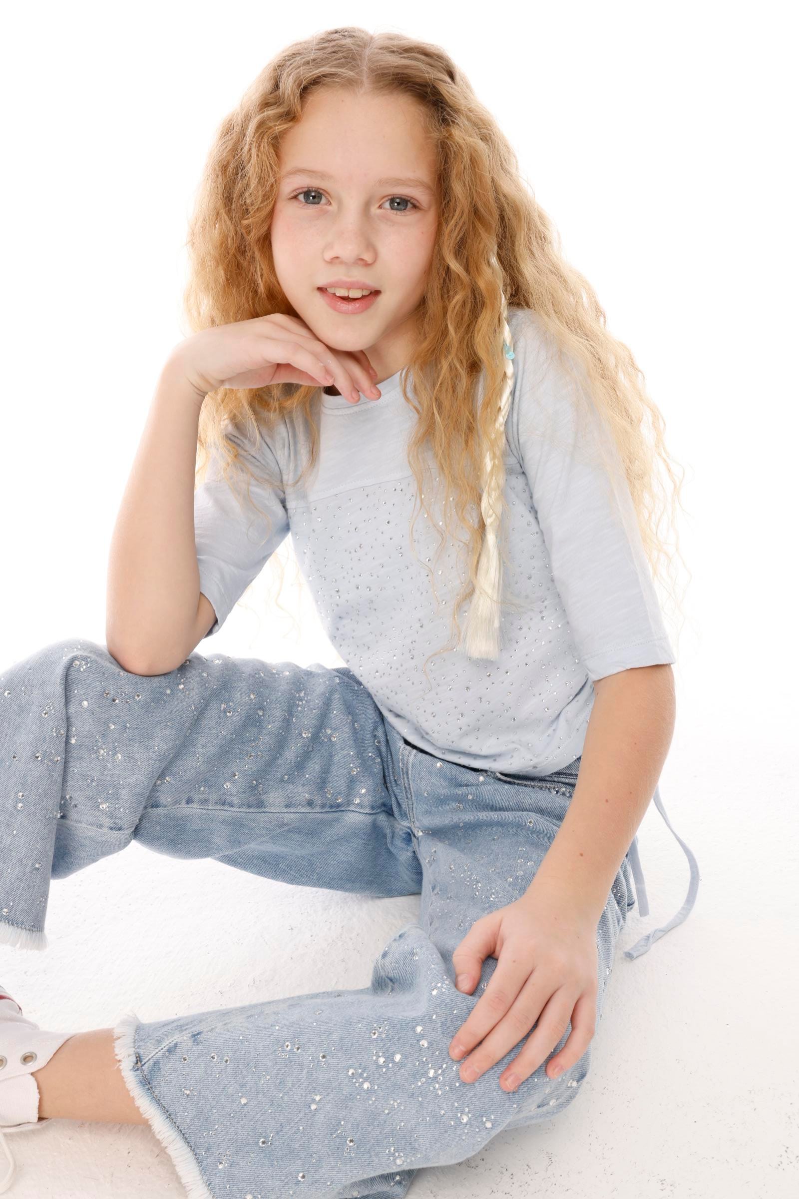 JENA Taşlı Yanı Büzgü Kız Bluz - Beyaz