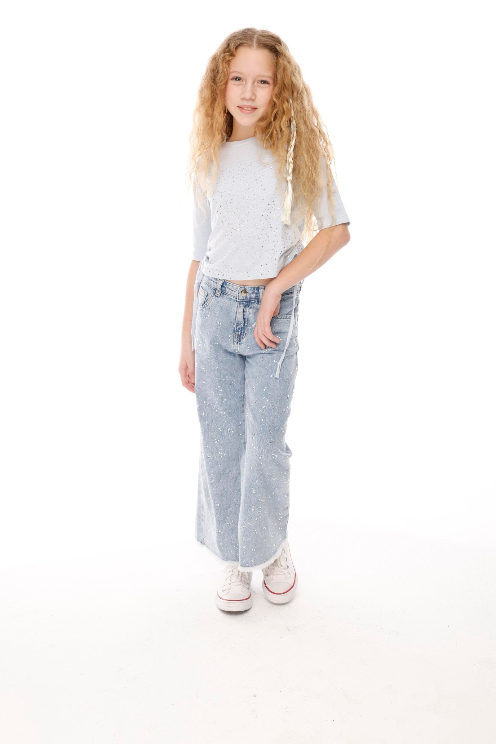 JENA Taşlı Yanı Büzgü Kız Bluz - Beyaz