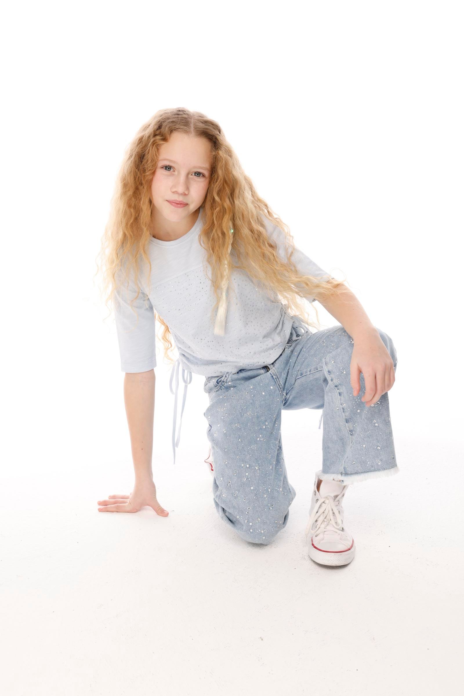 JENA Taşlı Yanı Büzgü Kız Bluz - Beyaz