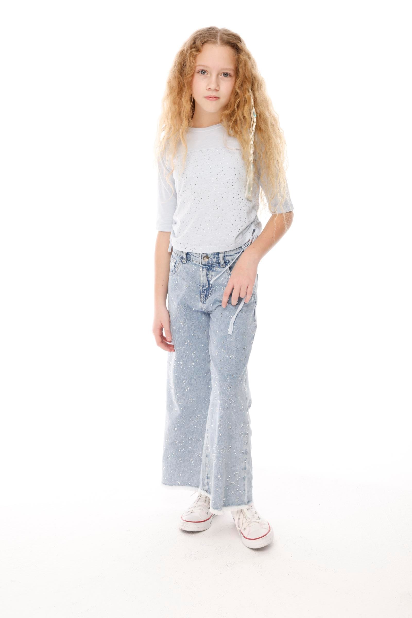 JENA Taşlı Yanı Büzgü Kız Bluz - Beyaz