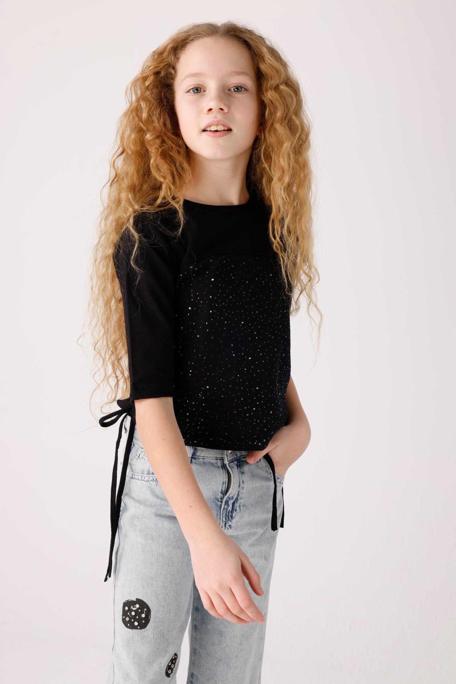 JENA Taşlı Yanı Büzgü Kız Bluz - Siyah