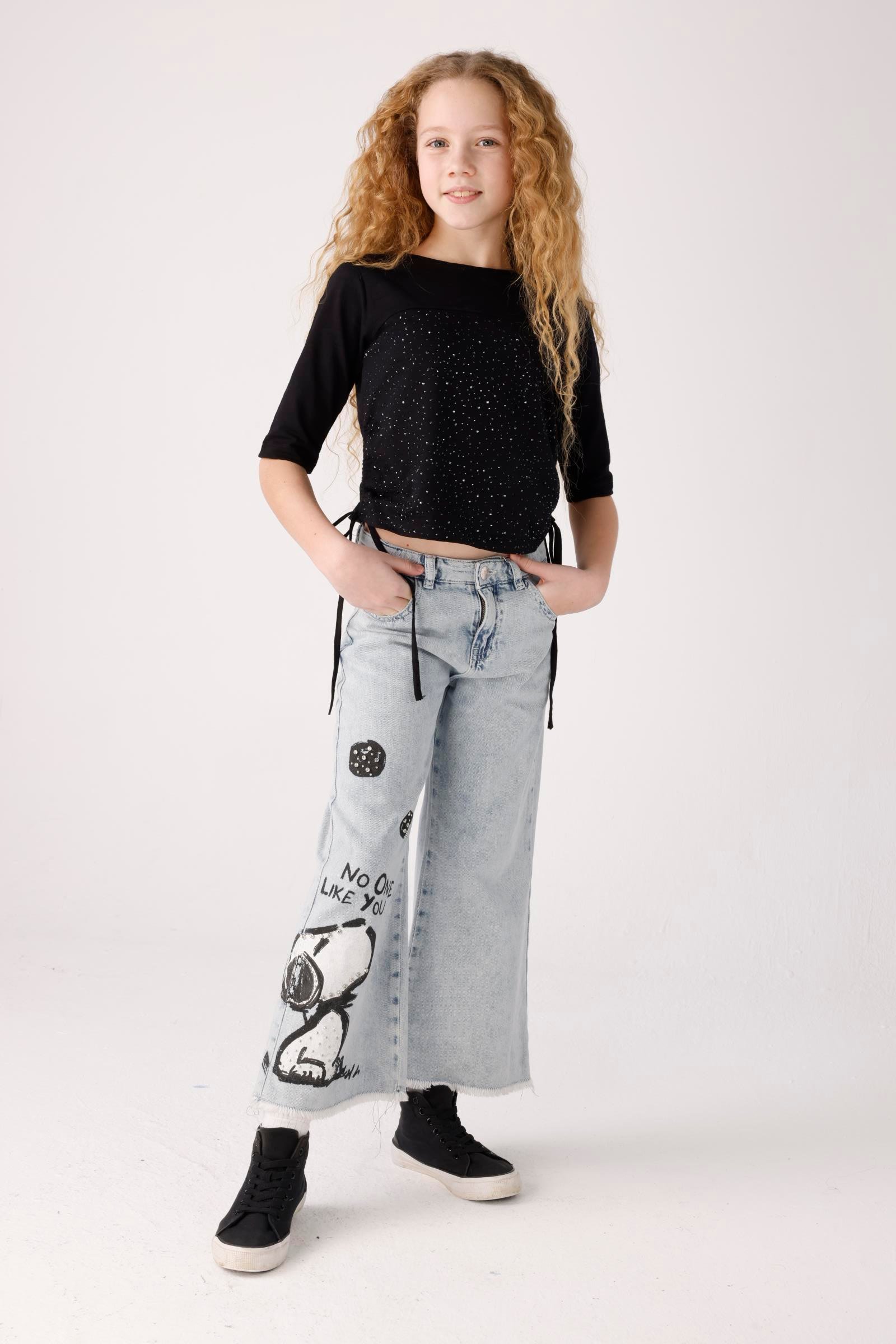 JENA Taşlı Yanı Büzgü Kız Bluz - Siyah