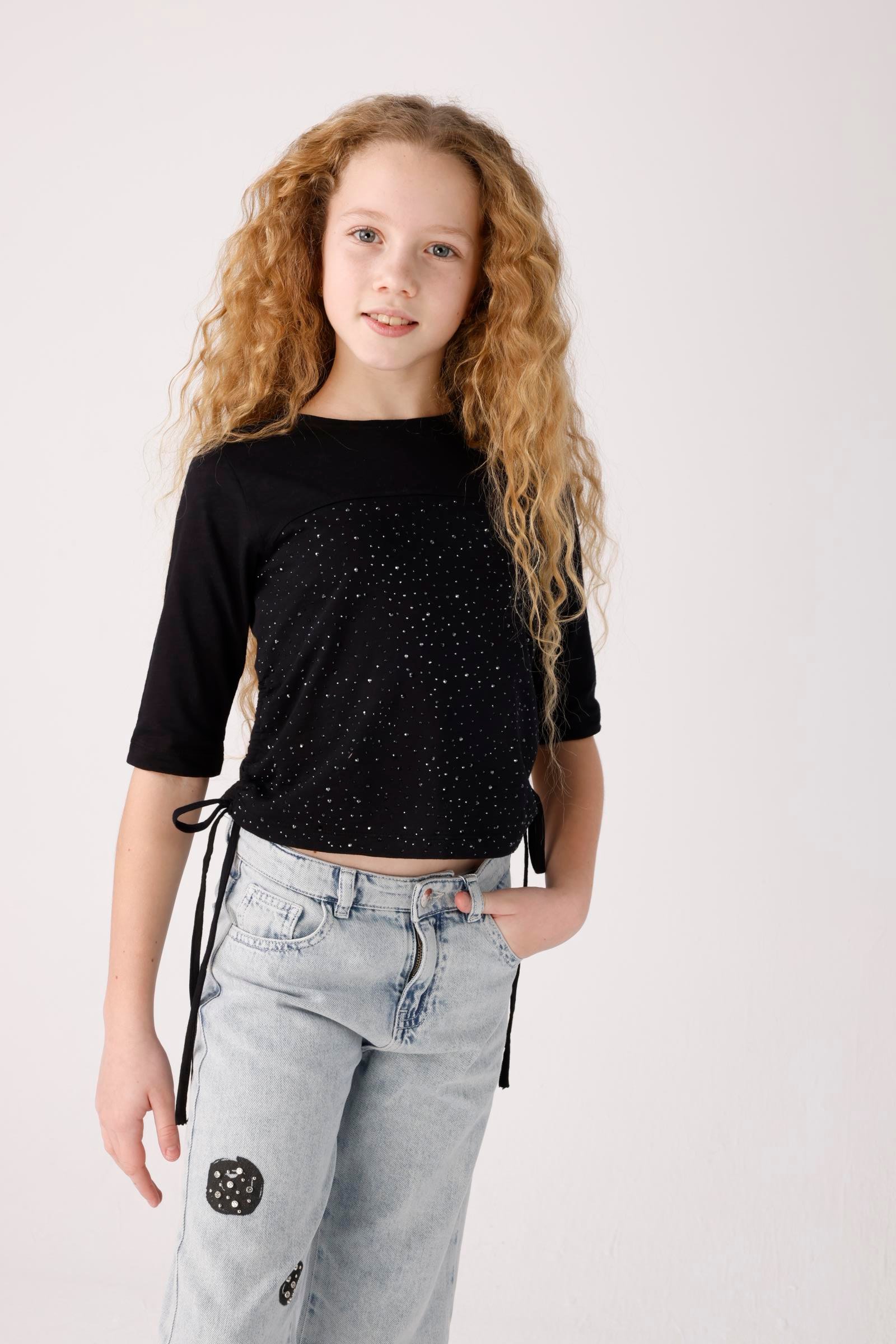 JENA Taşlı Yanı Büzgü Kız Bluz - Siyah