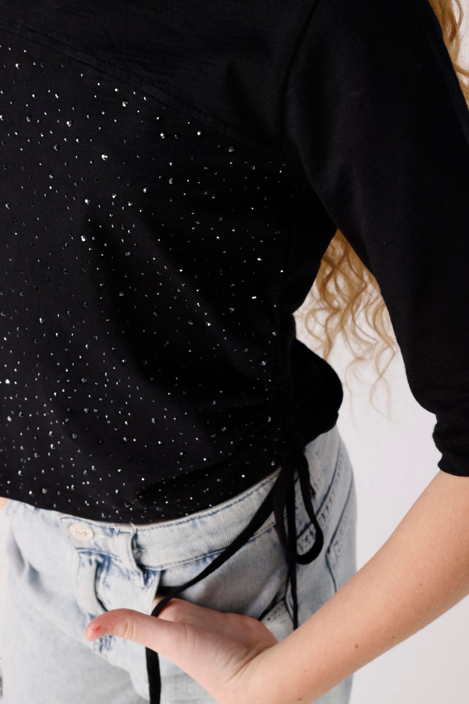 JENA Taşlı Yanı Büzgü Kız Bluz - Siyah