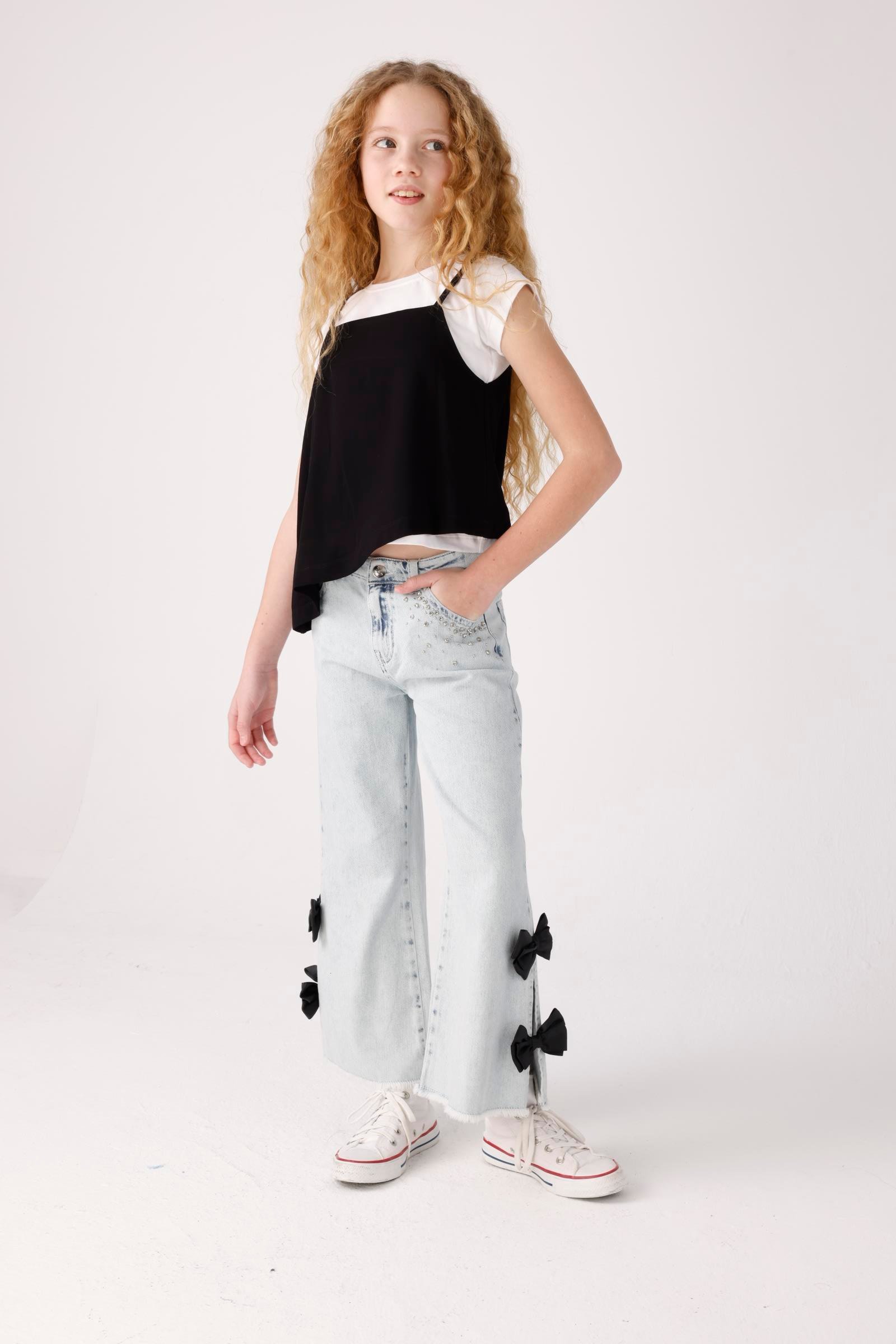 JENA Yanları Fiyonklu Kız Pantolon - Mavi