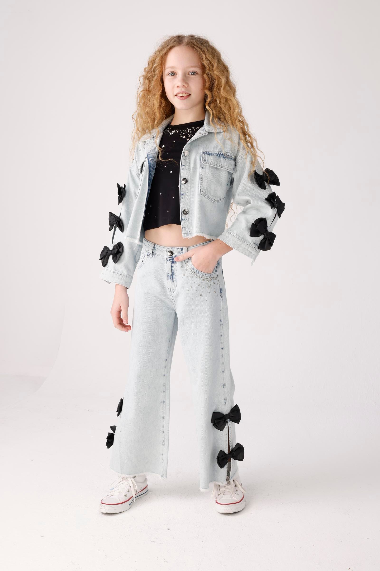 JENA Yanları Fiyonklu Kız Pantolon - Mavi