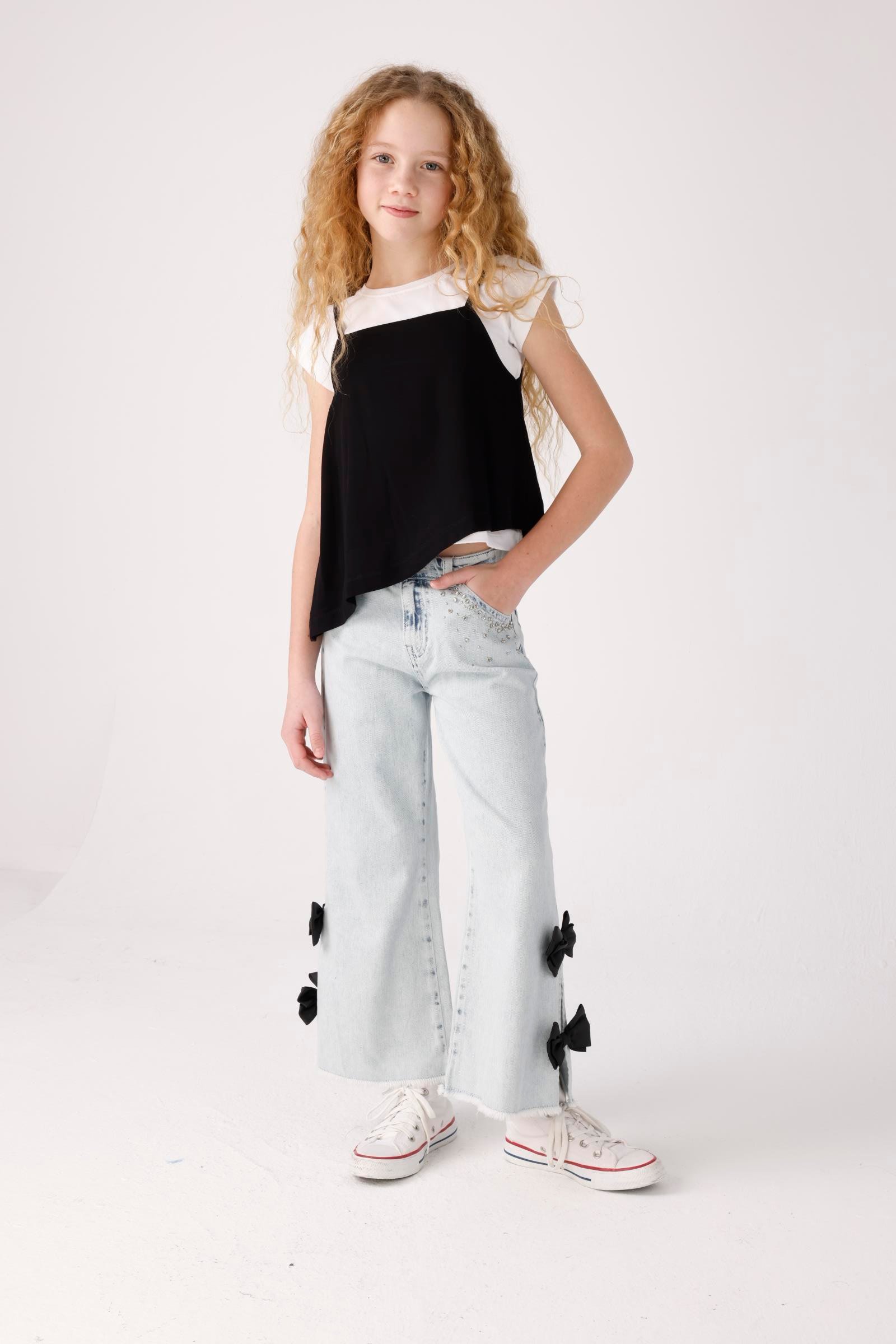 JENA Yanları Fiyonklu Kız Pantolon - Mavi