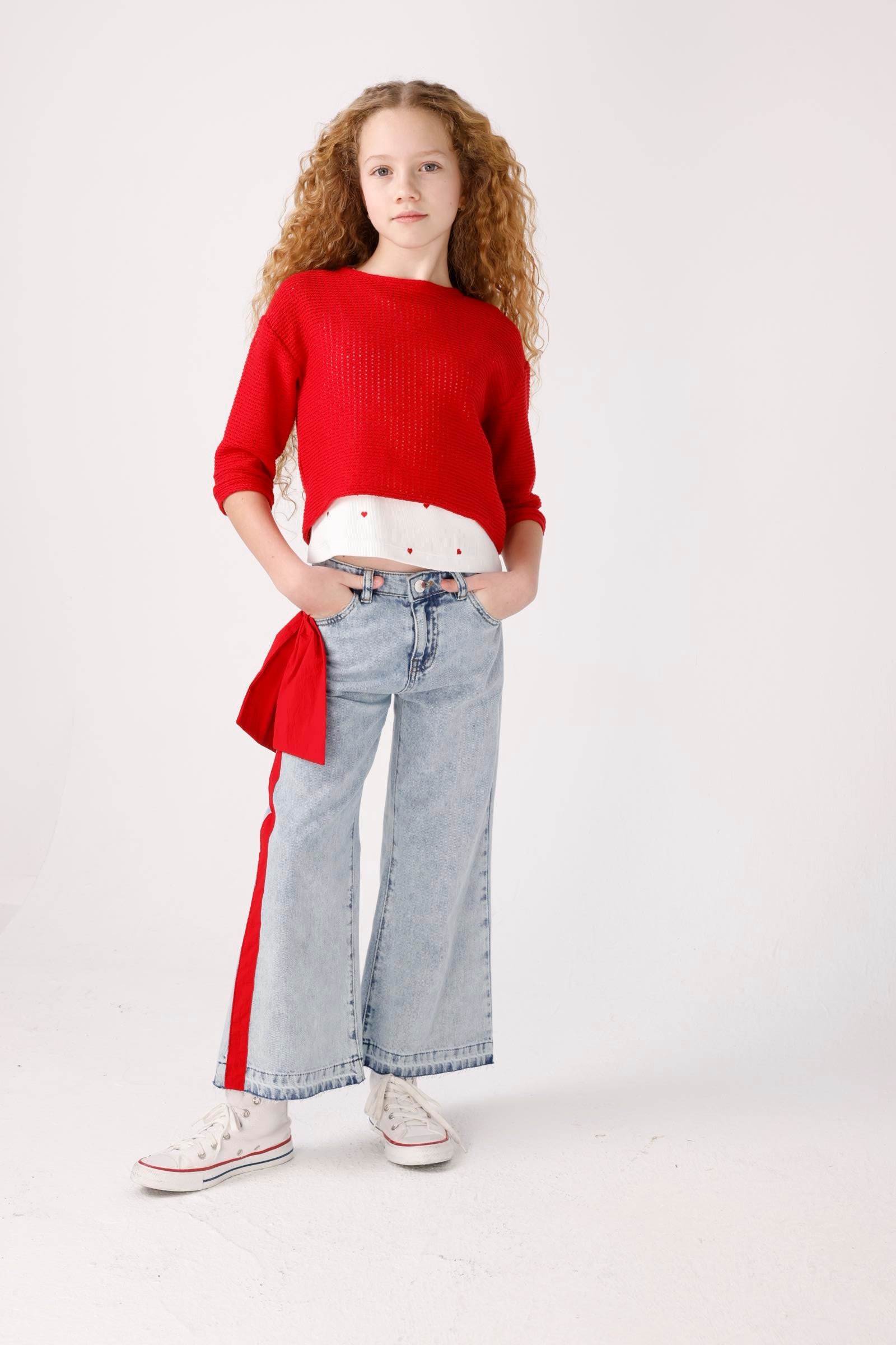 JENA Yanları Kırmızı Fiyonklu Pantolon - Mavi