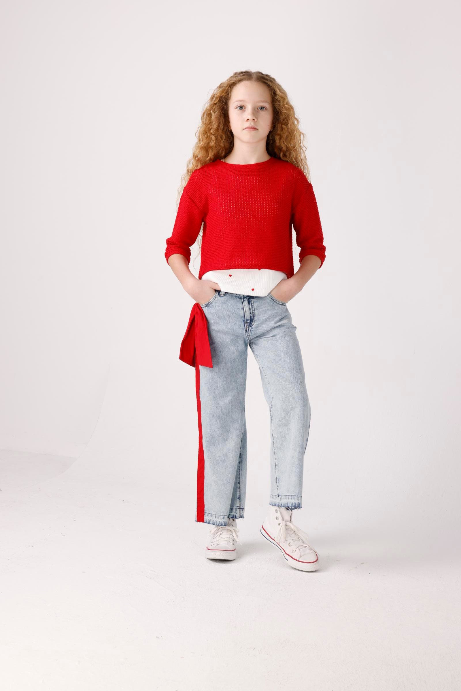 JENA Yanları Kırmızı Fiyonklu Pantolon - Mavi