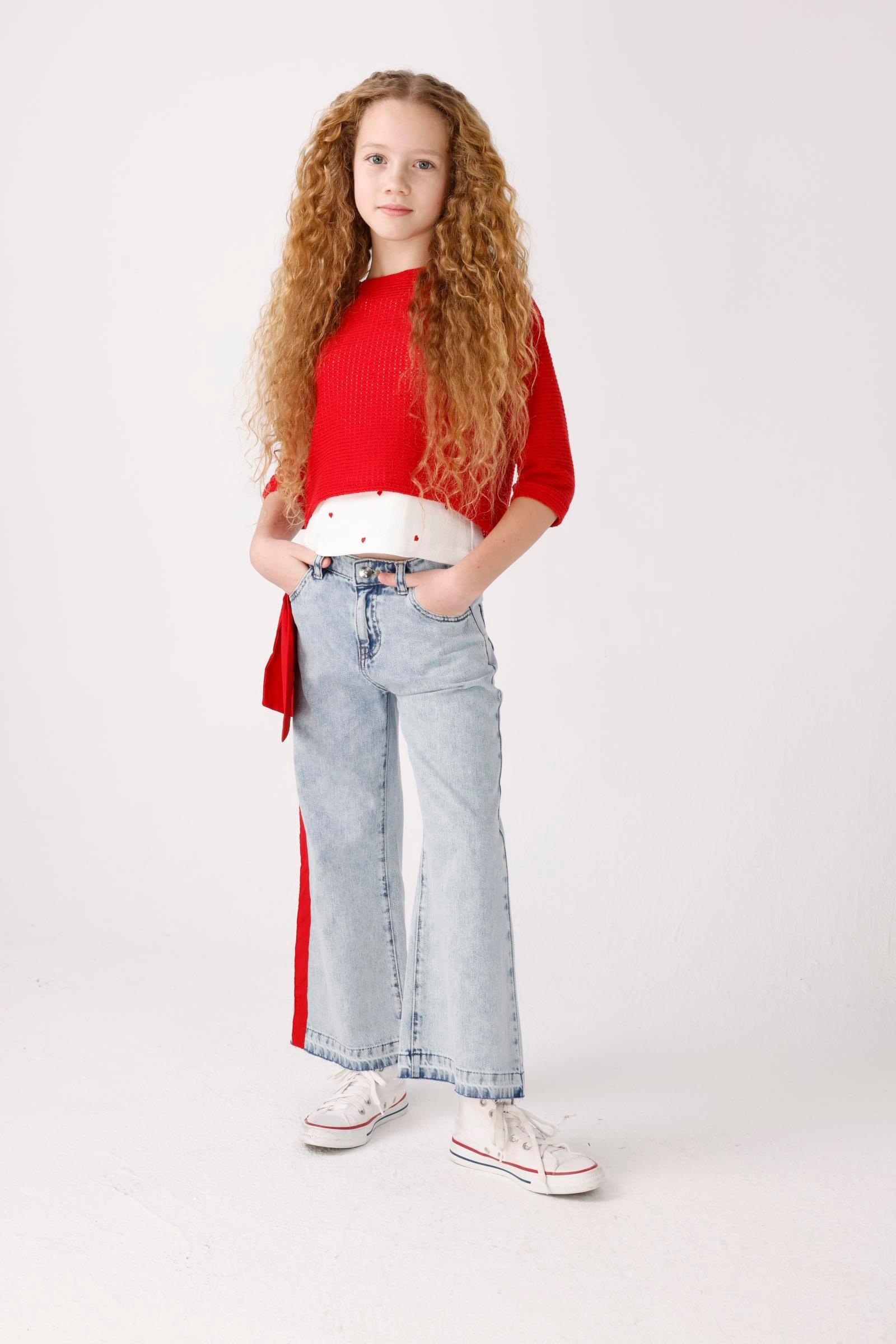 JENA Yanları Kırmızı Fiyonklu Pantolon - Mavi