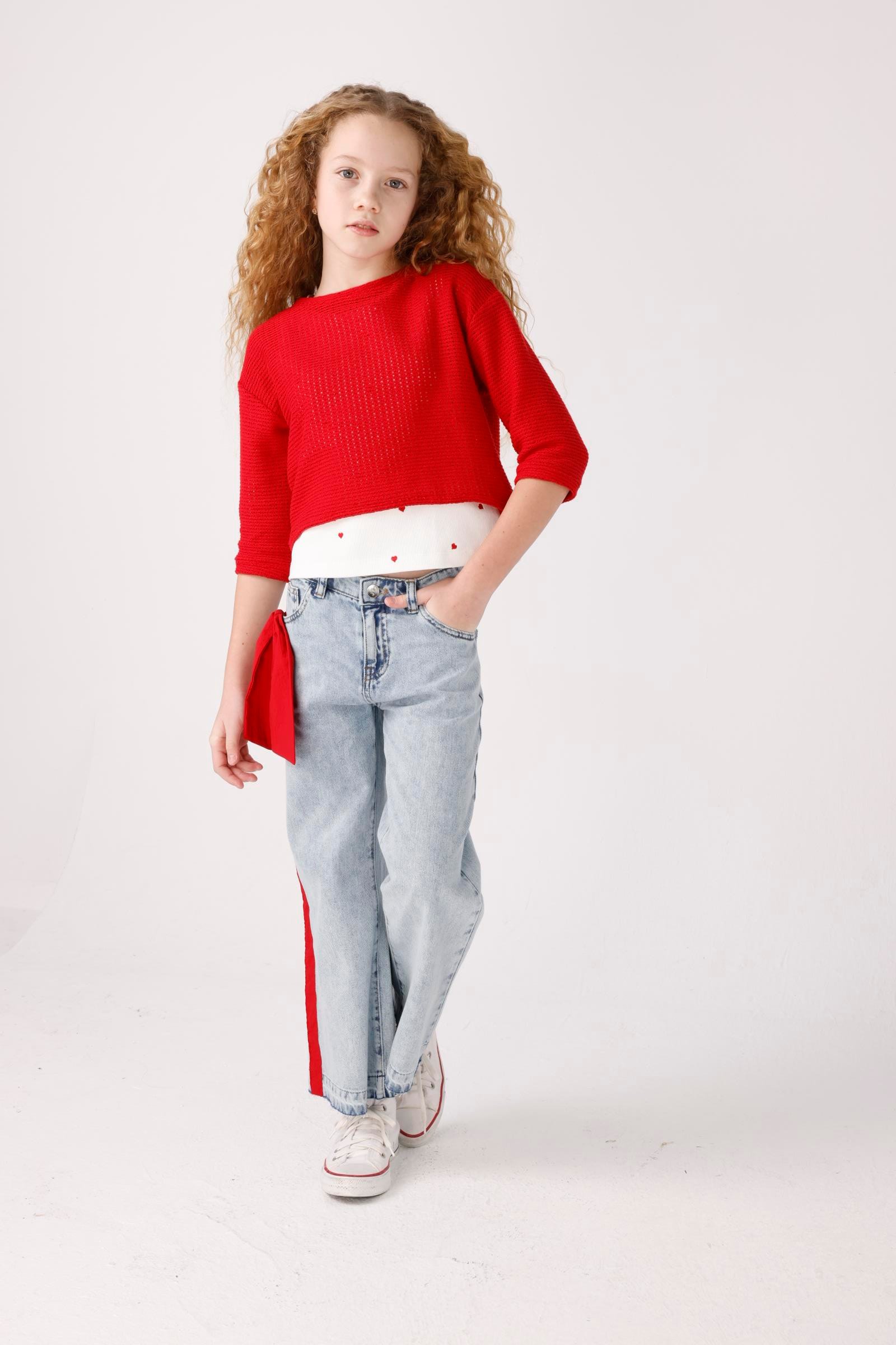 JENA Yanları Kırmızı Fiyonklu Pantolon - Mavi