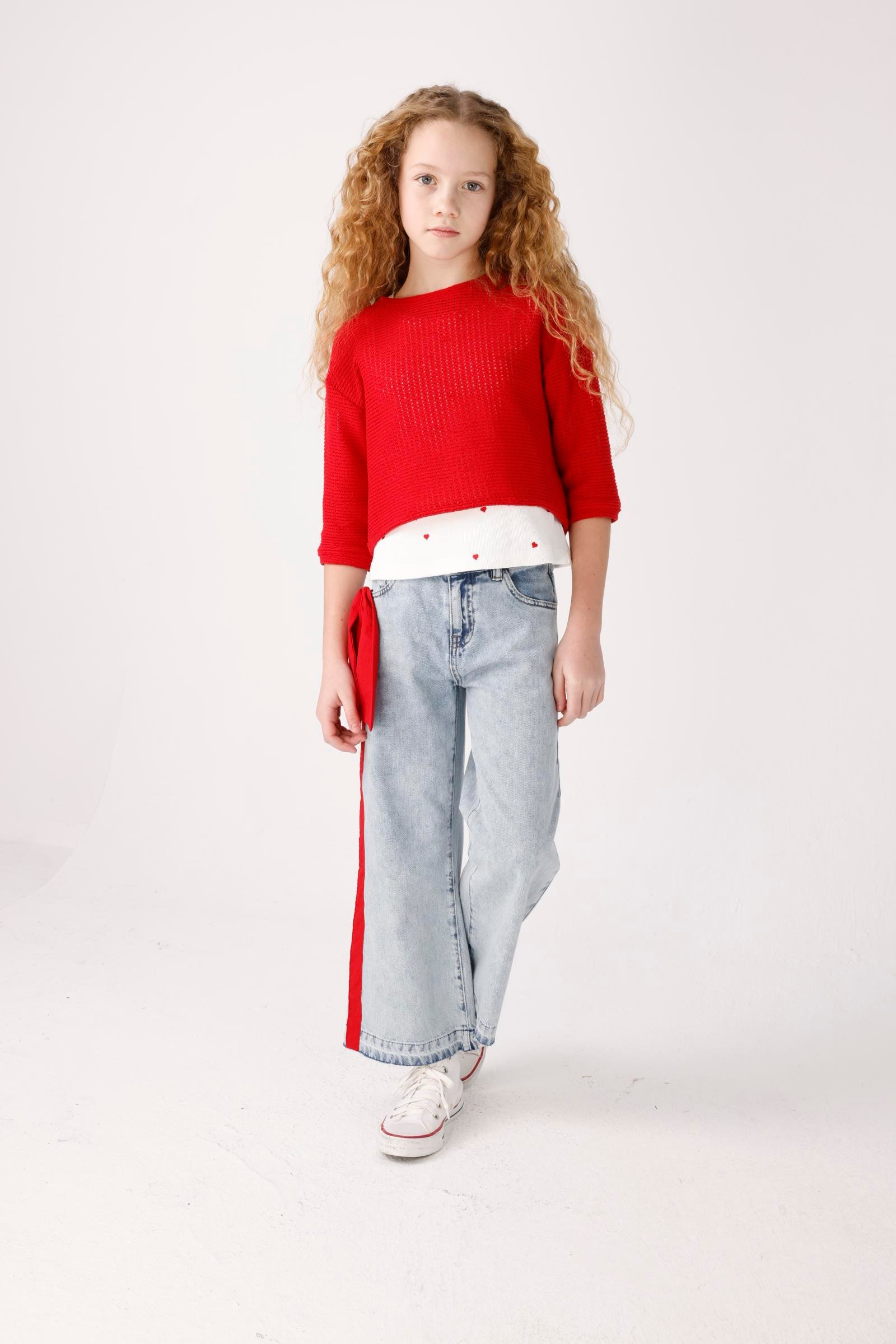 JENA Yanları Kırmızı Fiyonklu Pantolon - Mavi