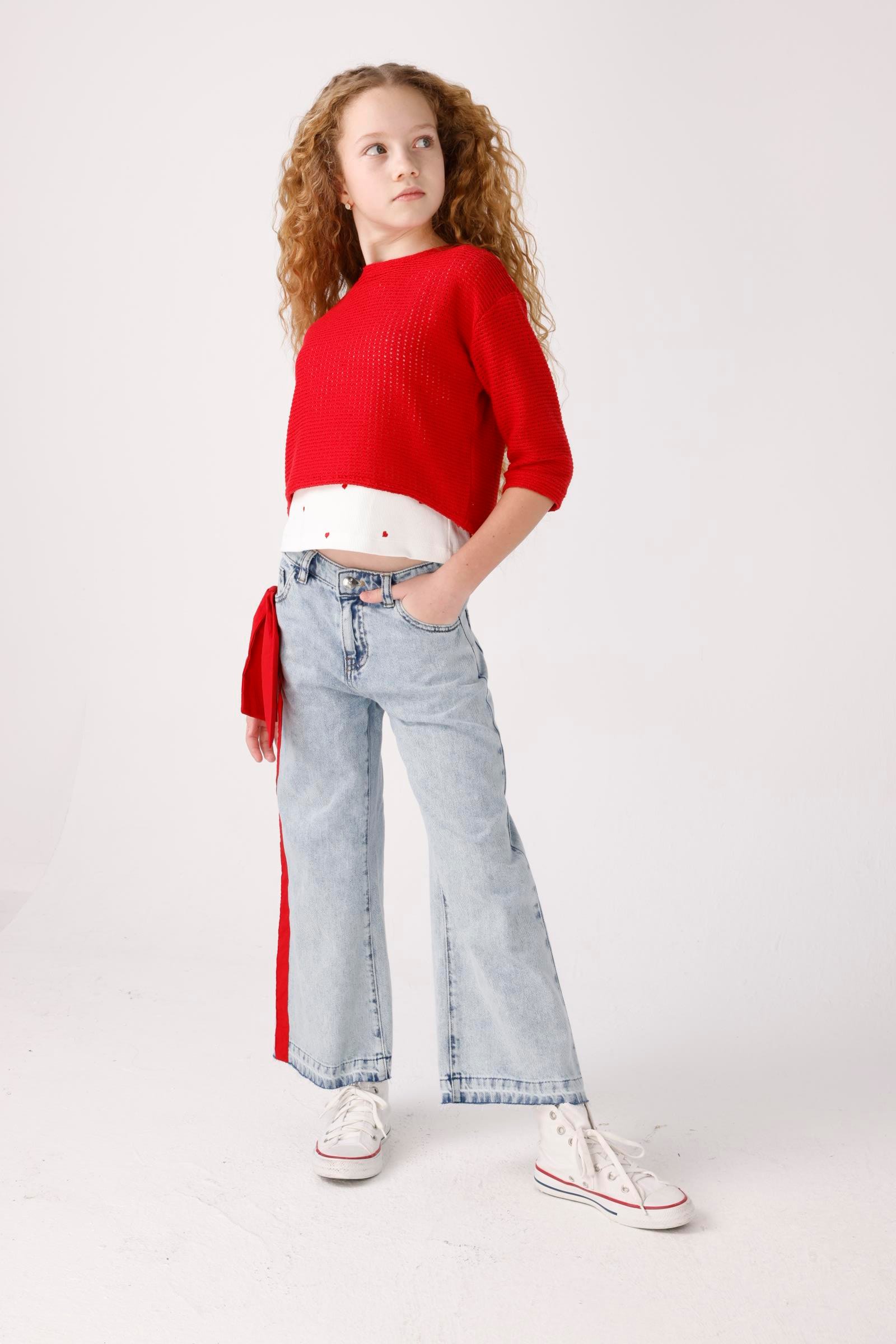 JENA Yanları Kırmızı Fiyonklu Pantolon - Mavi