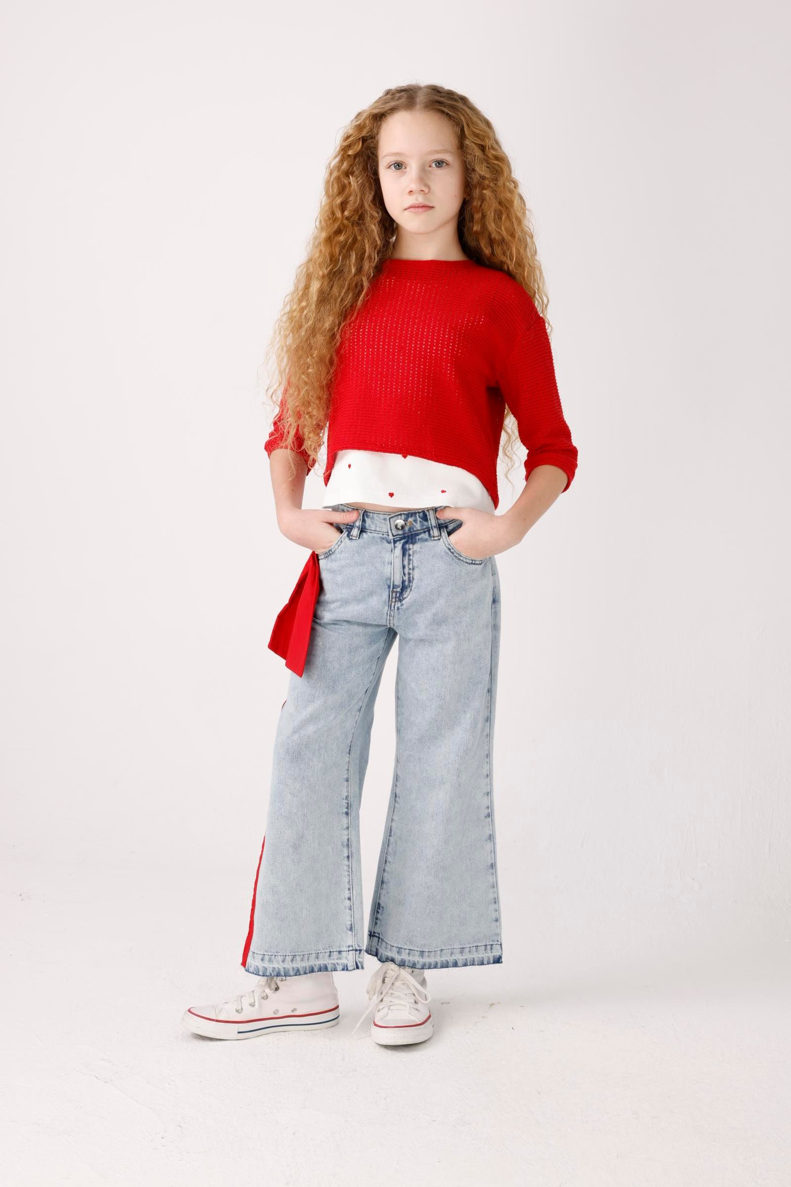 JENA Yanları Kırmızı Fiyonklu Pantolon - Mavi