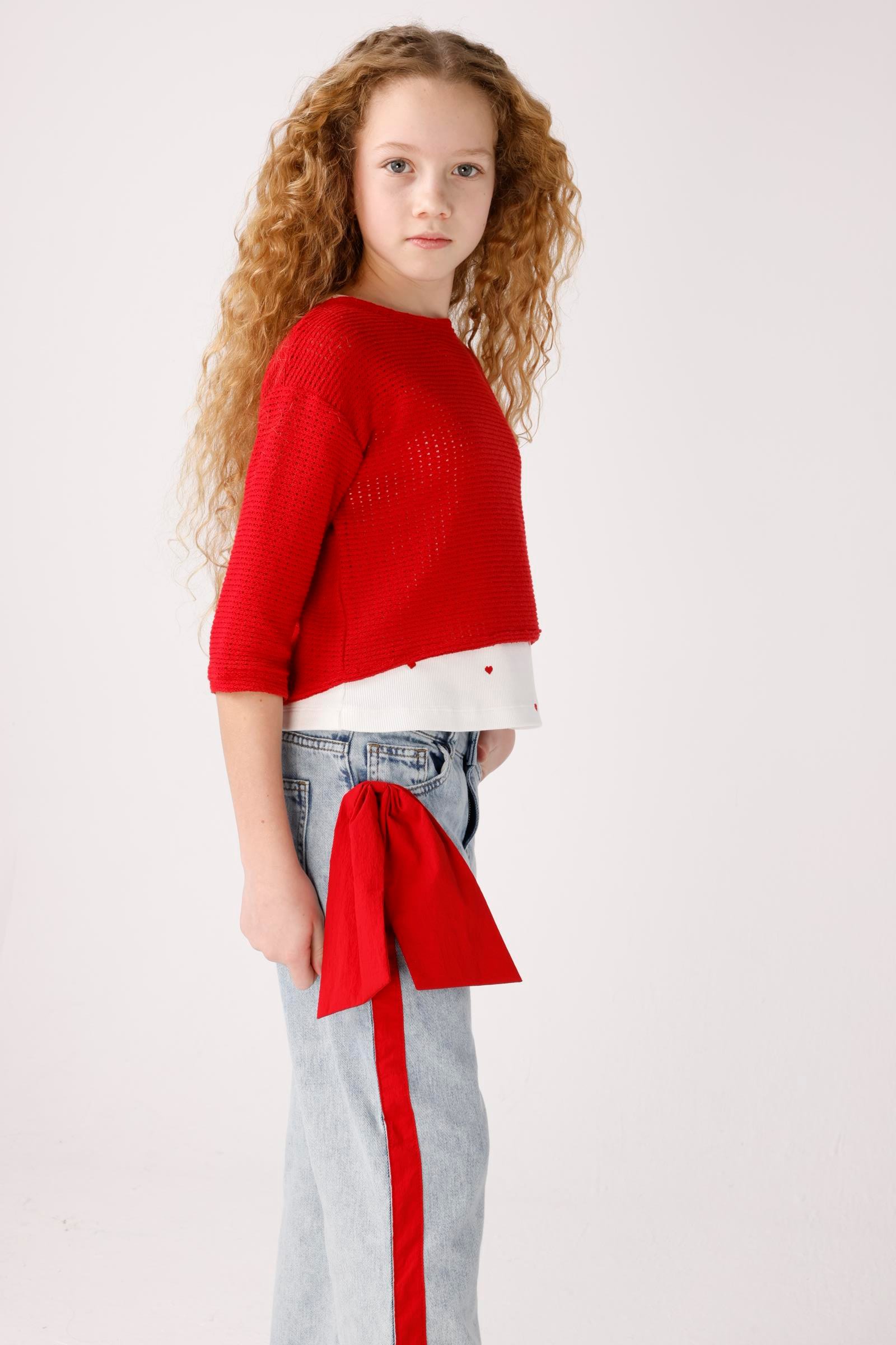 JENA Yanları Kırmızı Fiyonklu Pantolon - Mavi