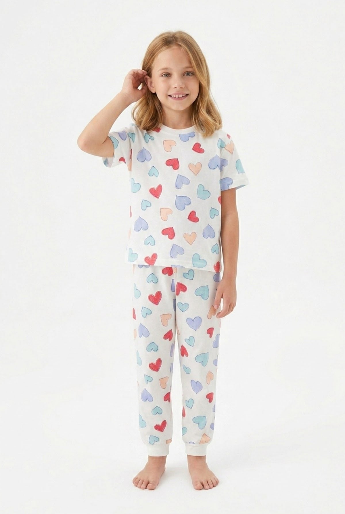 Kalp Desenli Kısa Kol Şortlu Takım - Renkli