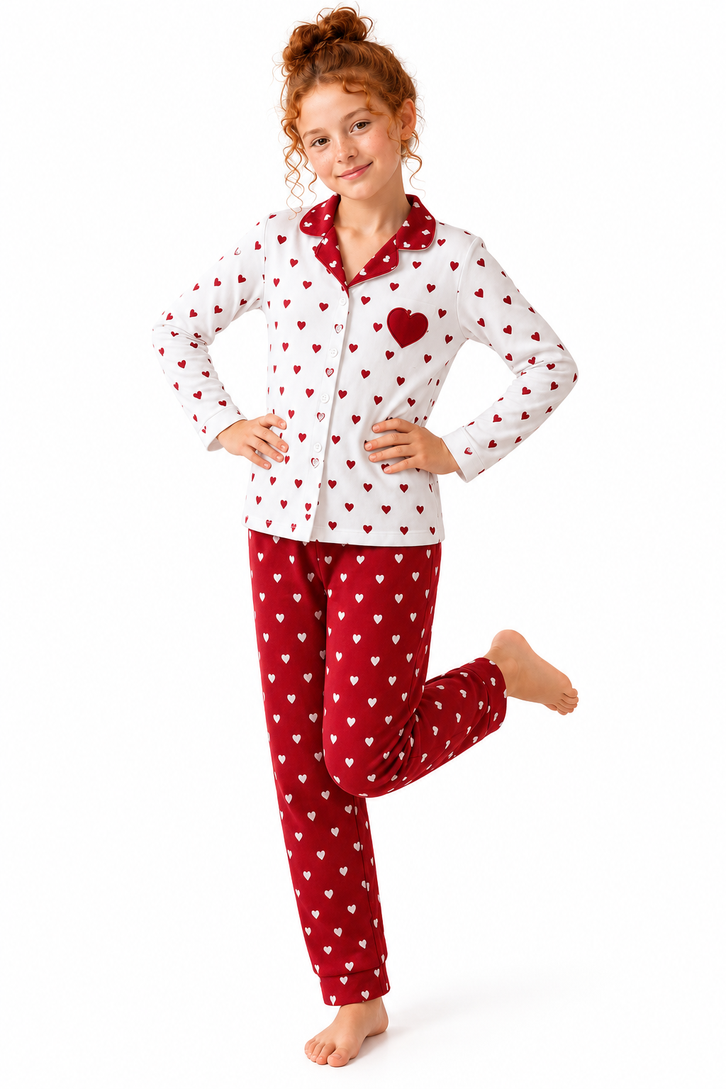 Kalp Düğmeli Kız Pijama Takımı - Beyaz