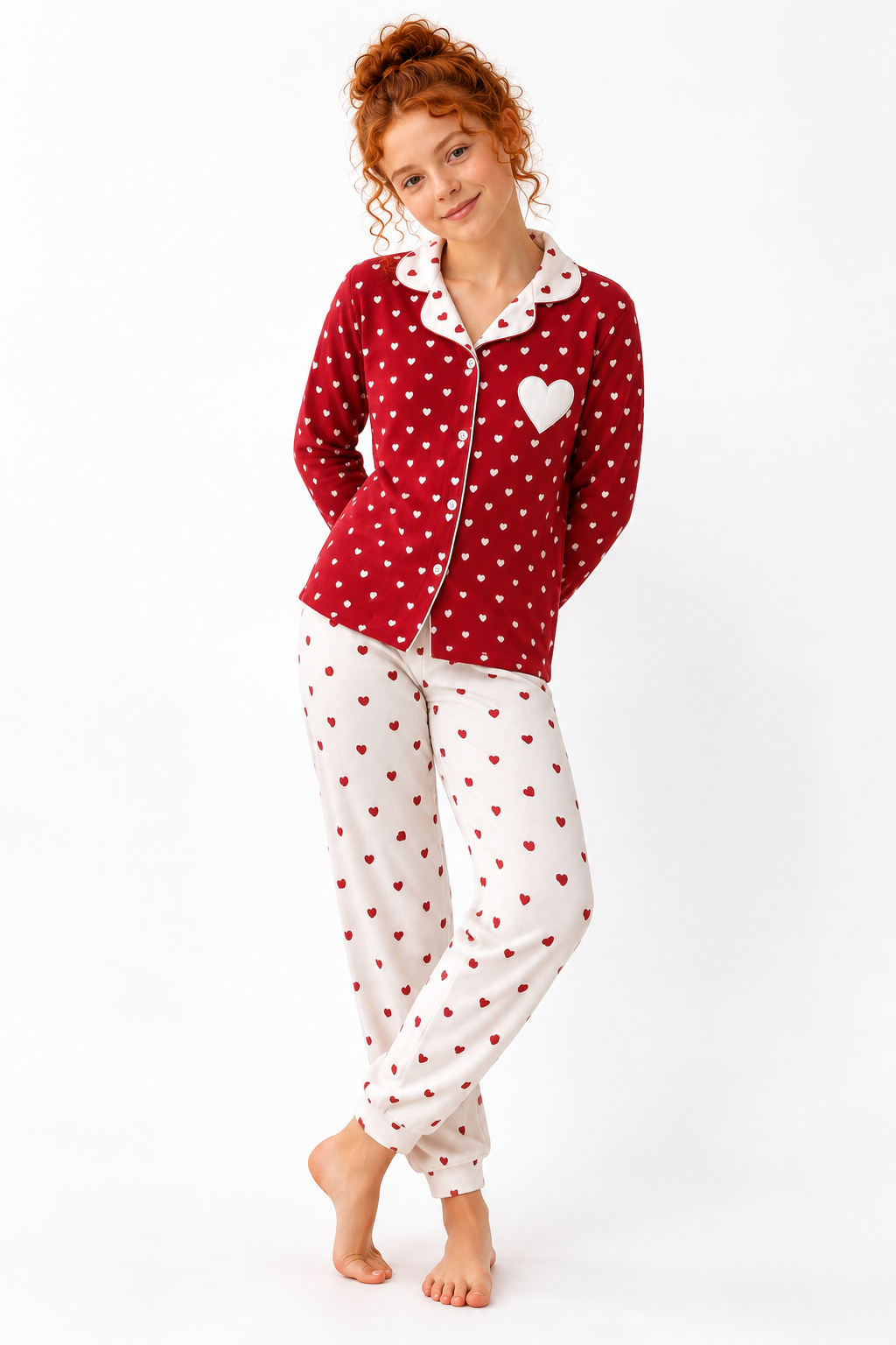Kalp Düğmeli Kız Pijama Takımı - Kırmızı