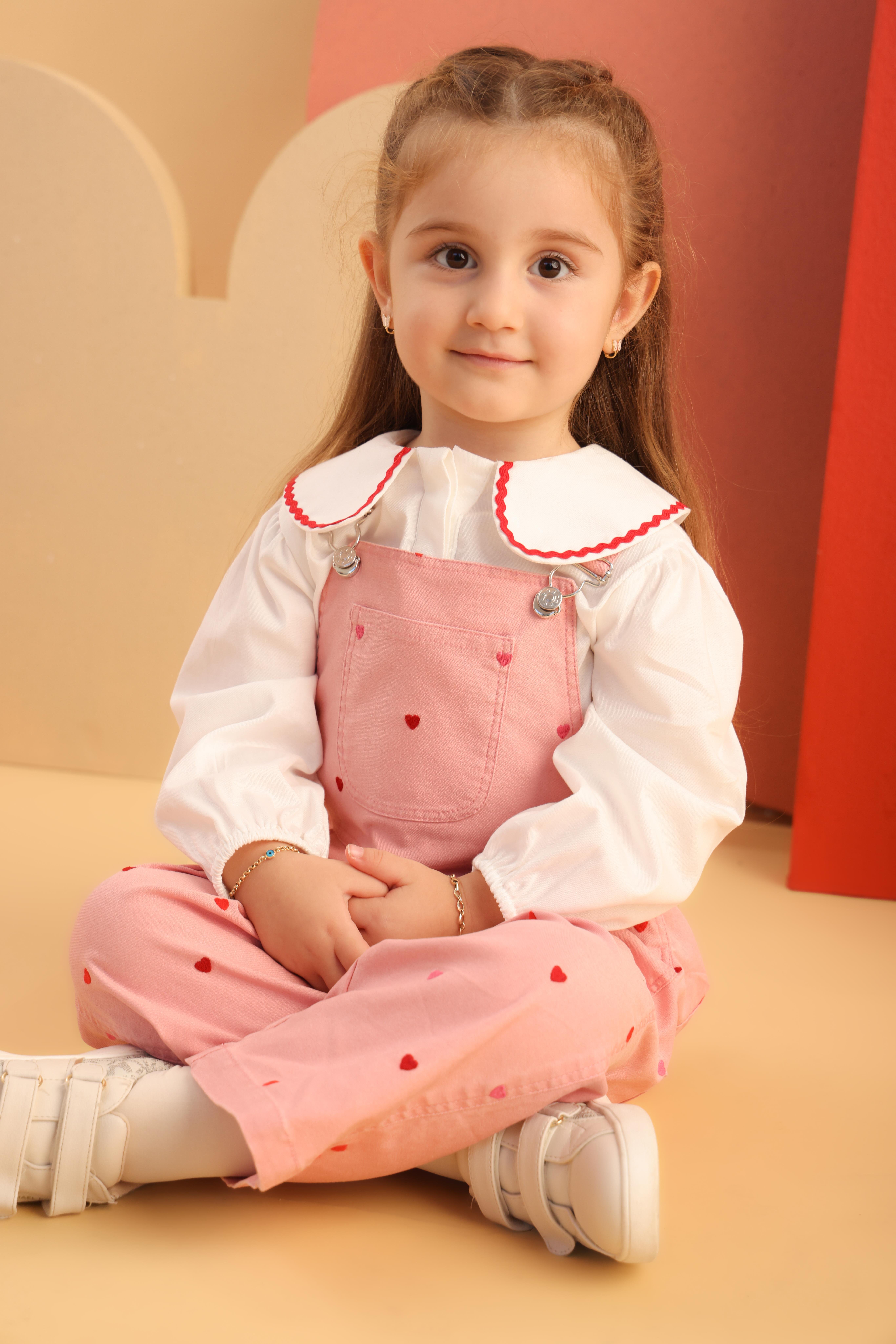 Kalp İşlemeli Kız Salopet - Pembe