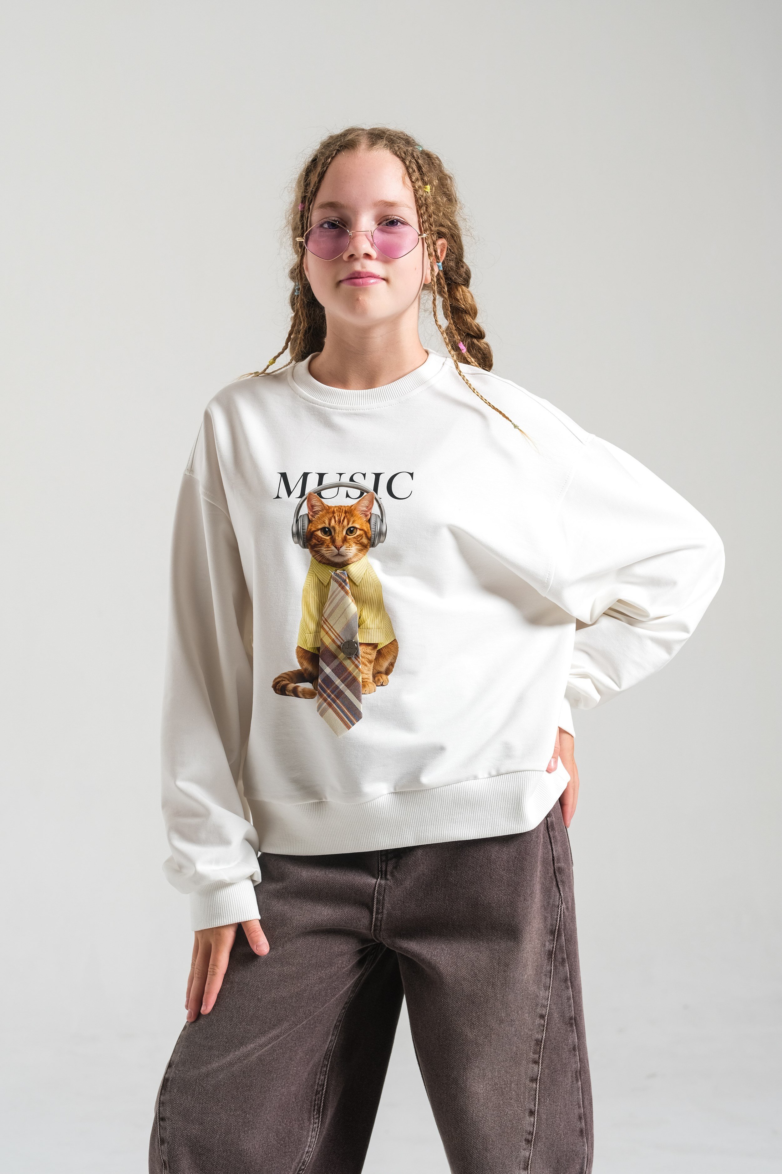 Kedi Baskılı Kız Sweat - Sarı