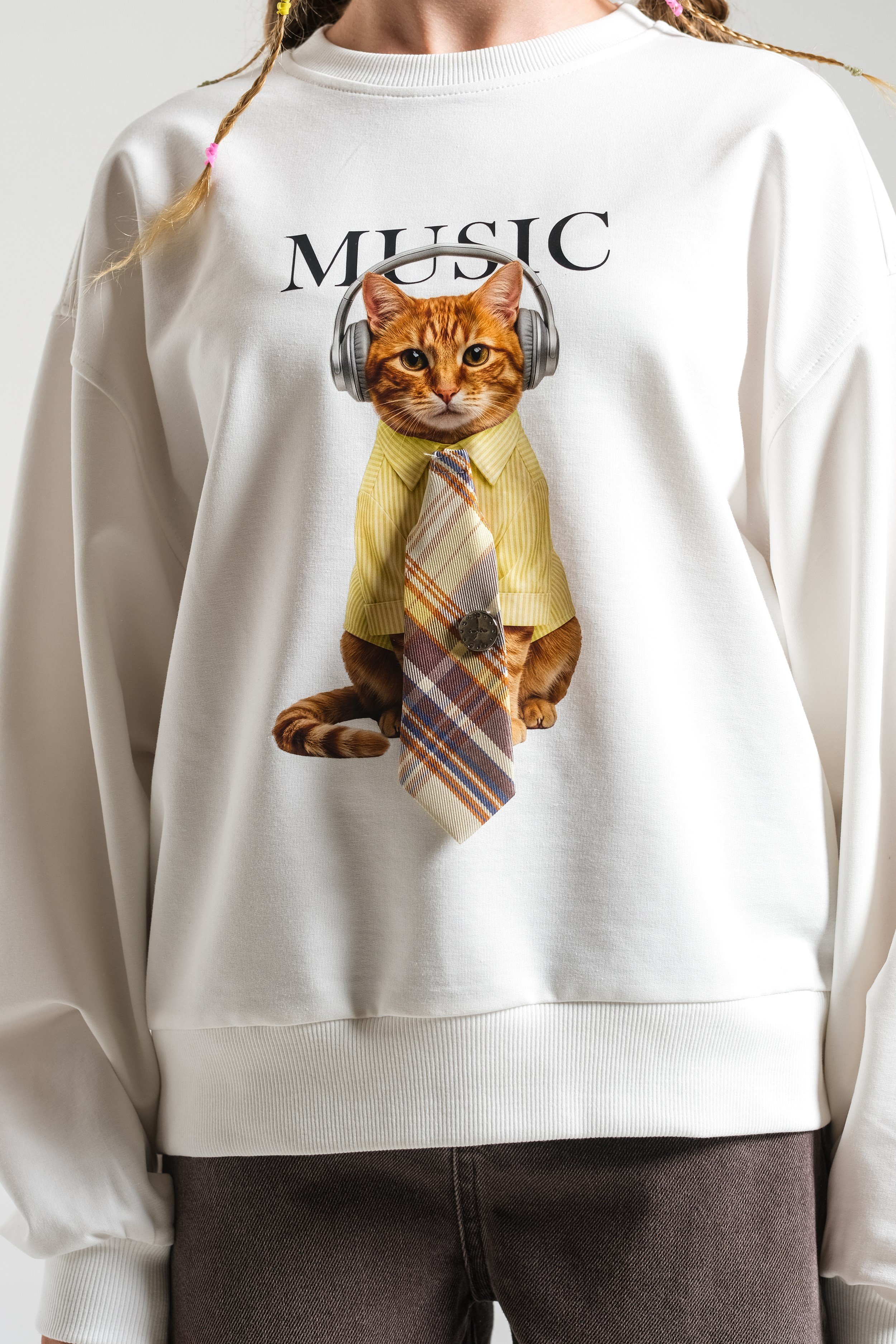 Kedi Baskılı Kız Sweat - Sarı