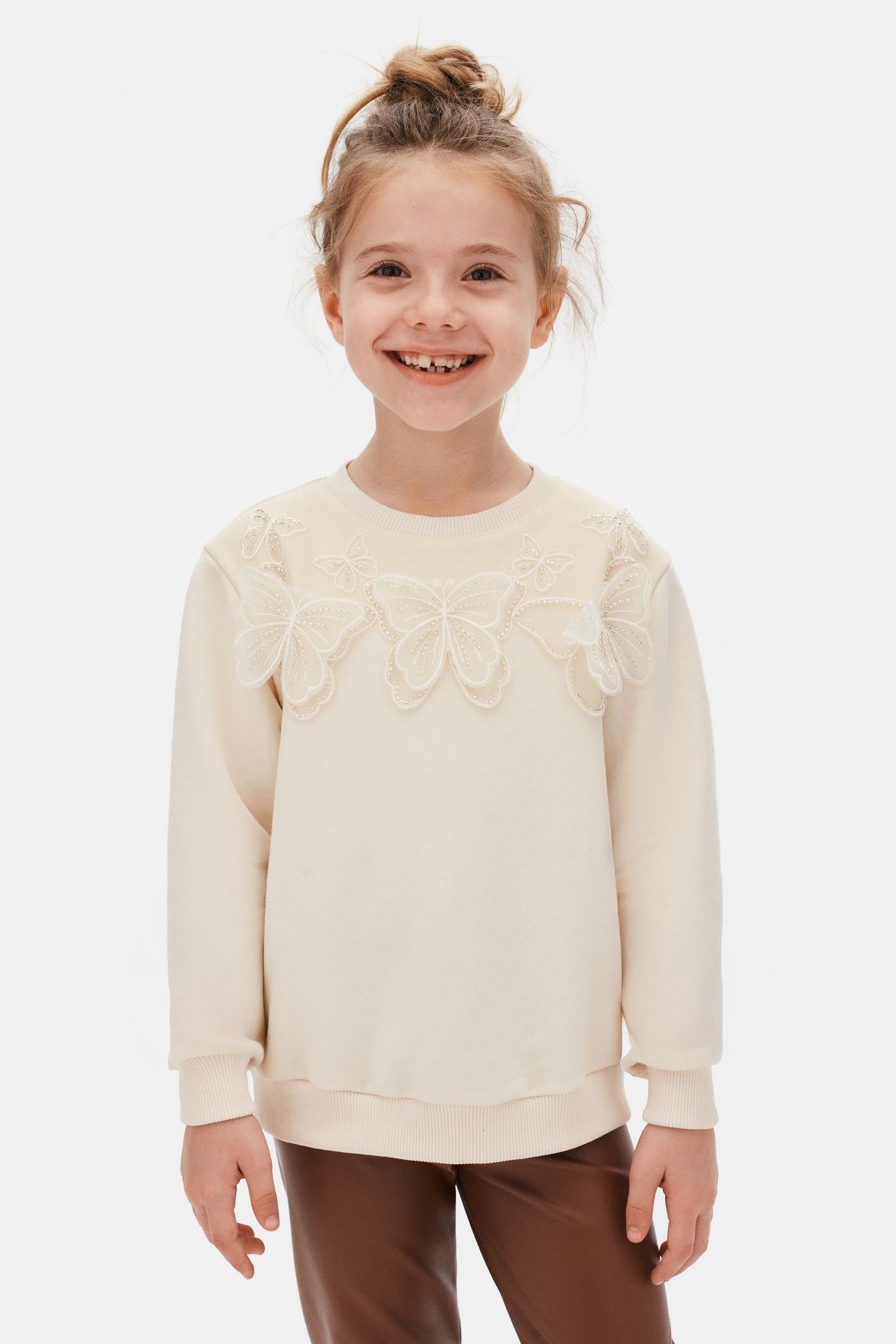 Kelebek İşlemeli Sweat - Krem