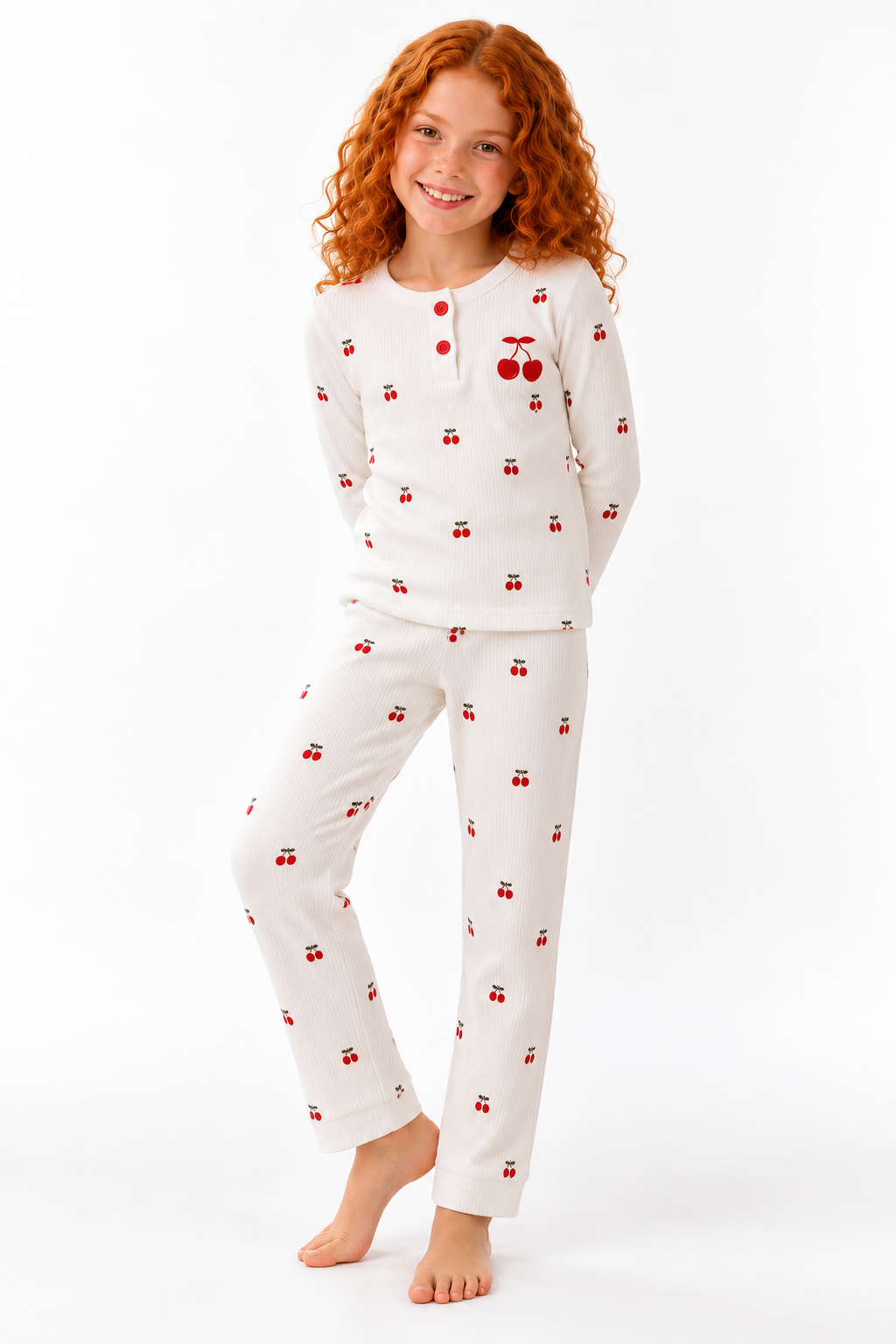 Kirazlı Kız Pijama Takımı - Ekru