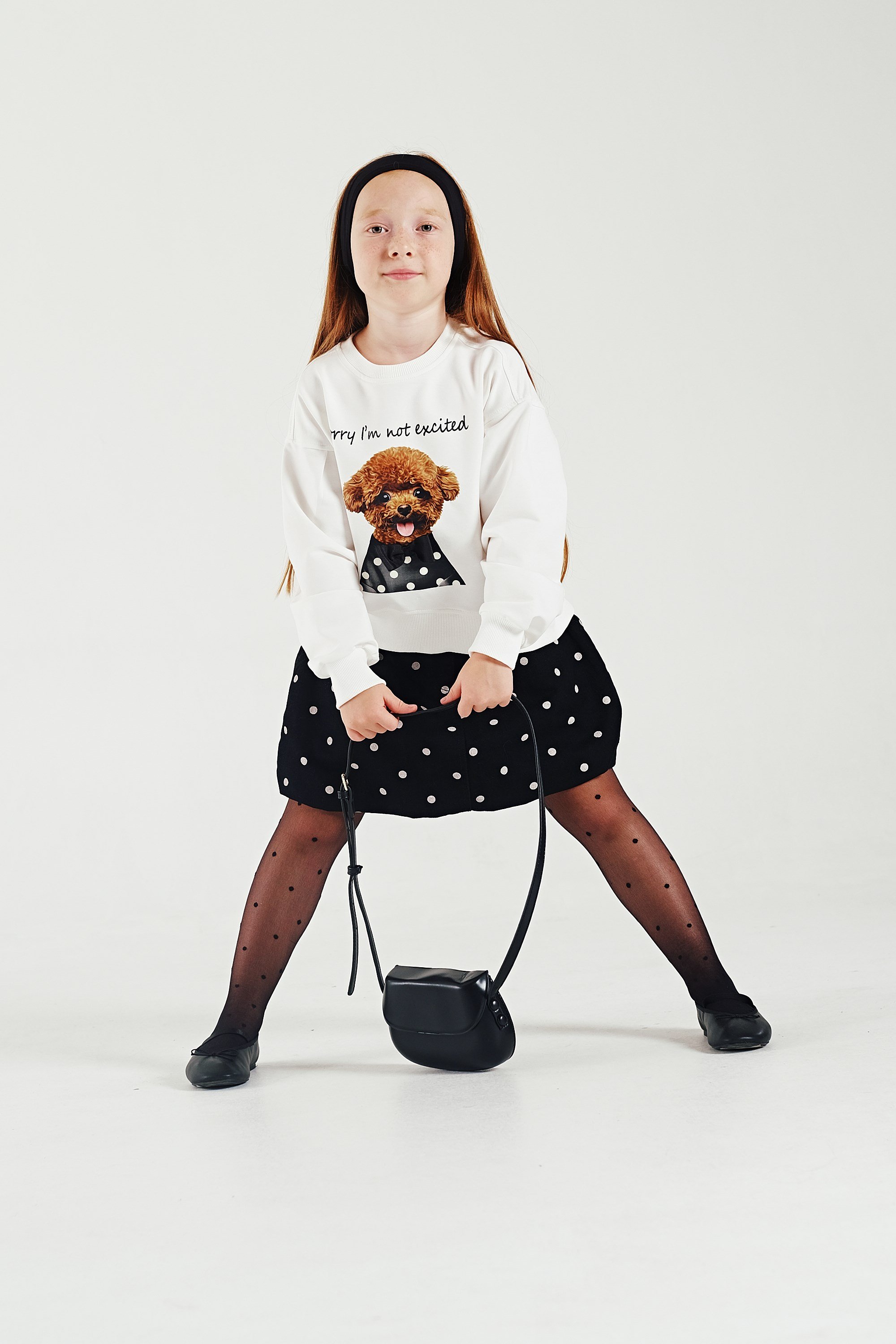 Köpek Baskılı Fiyonklu Kız Sweat - Ekru