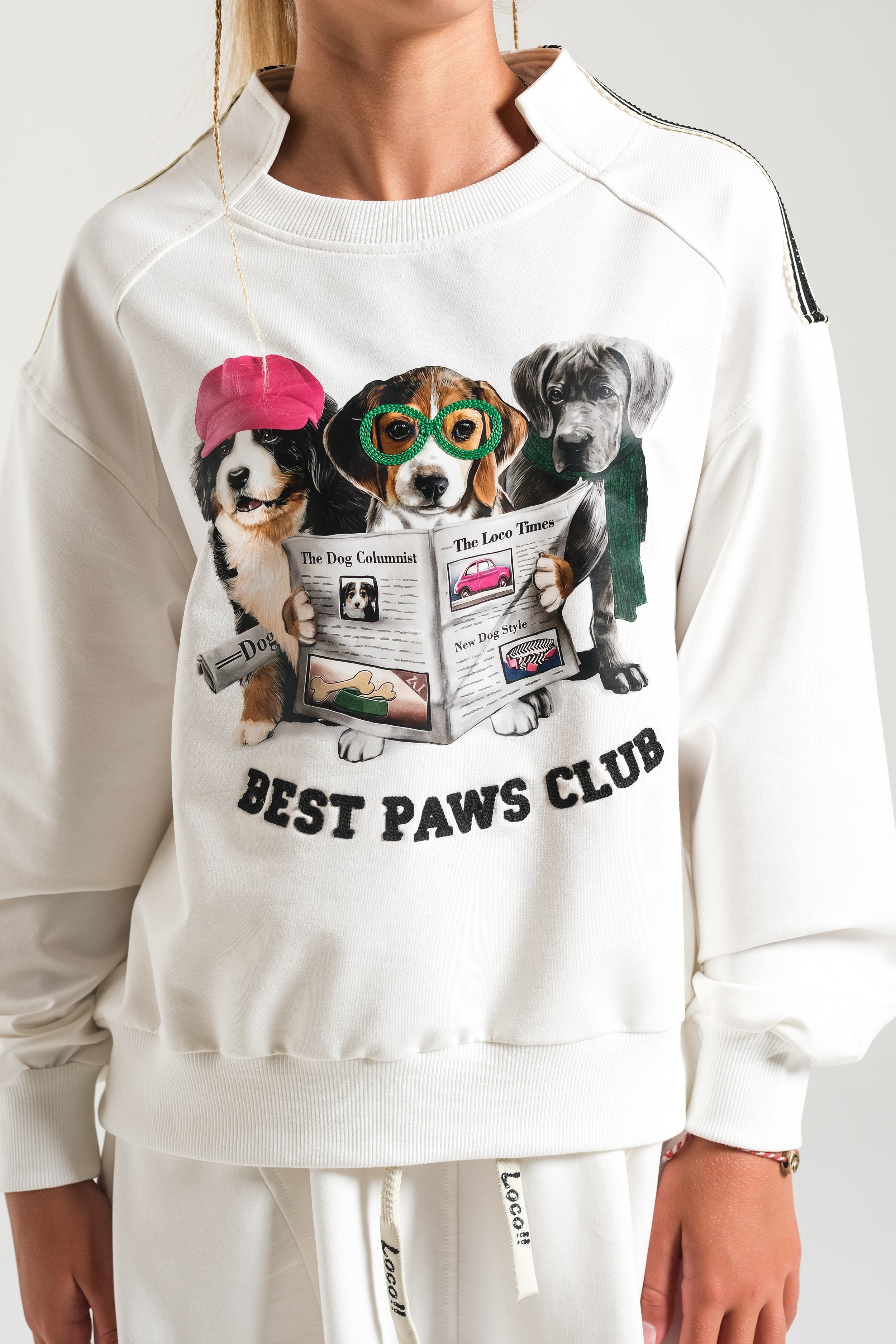 Köpek Baskılı Omuzları Şeritli Kız Sweat - Ekru
