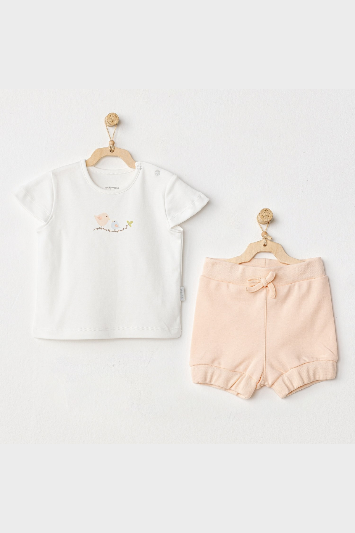 Kuşlu Şortlu Bebe Takım - Ekru