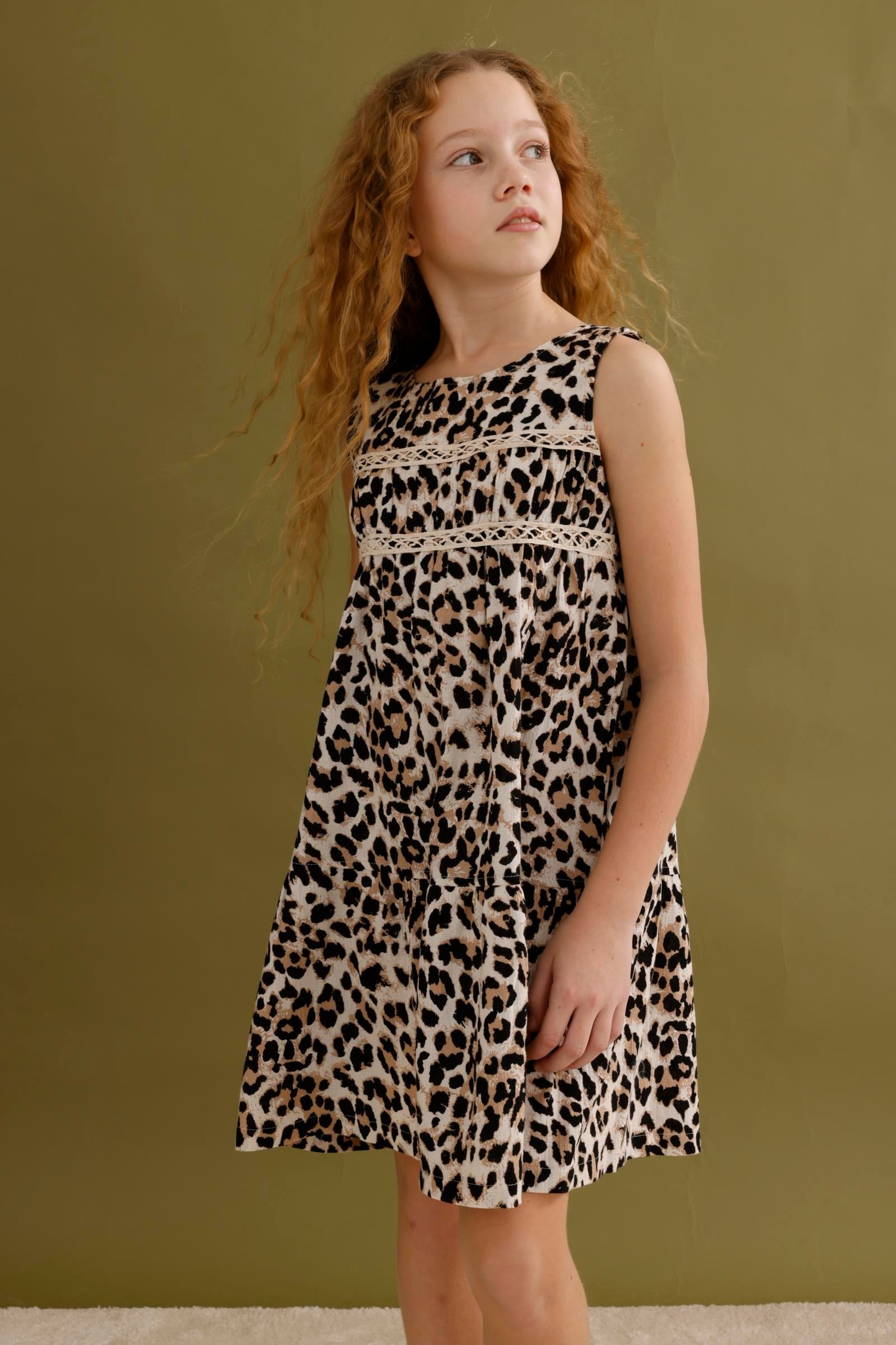 Leoparlı Kız Elbise - Bej