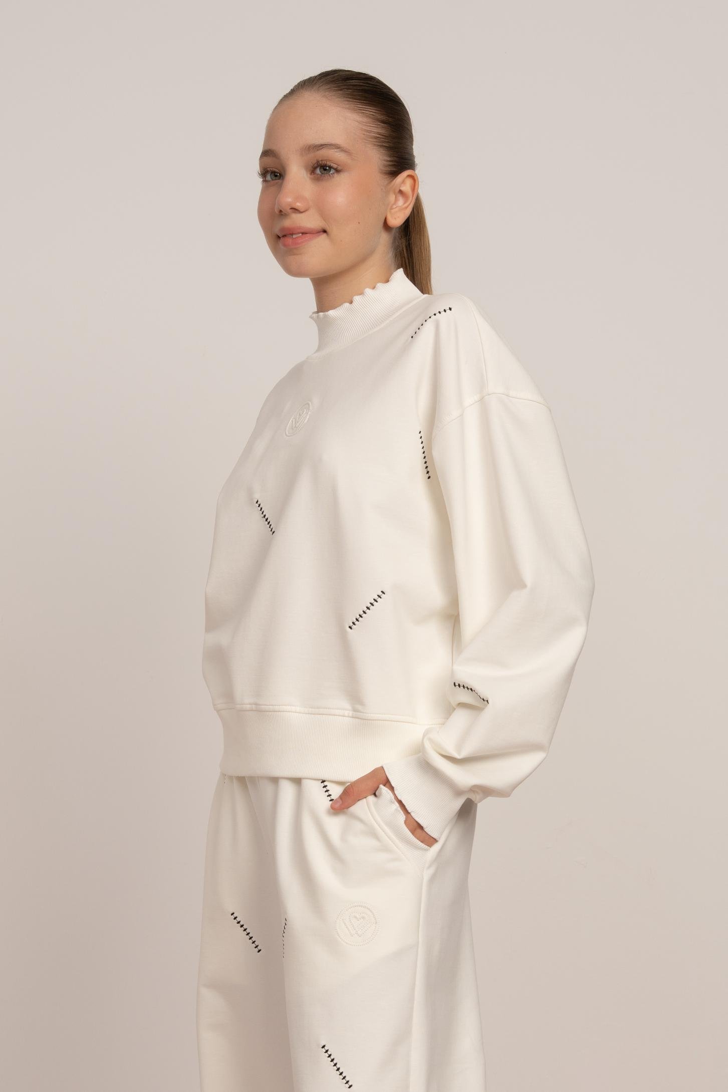 LOCO LOCO Dikişli Kız Takım - Ekru