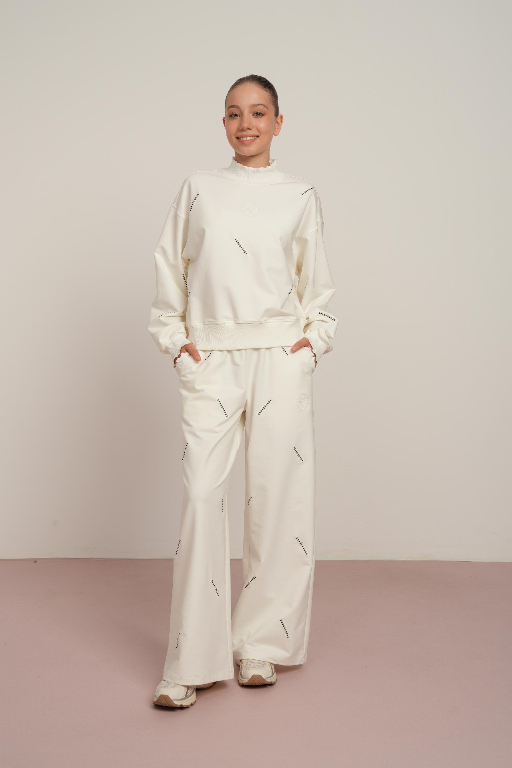 LOCO LOCO Dikişli Kız Takım - Ekru