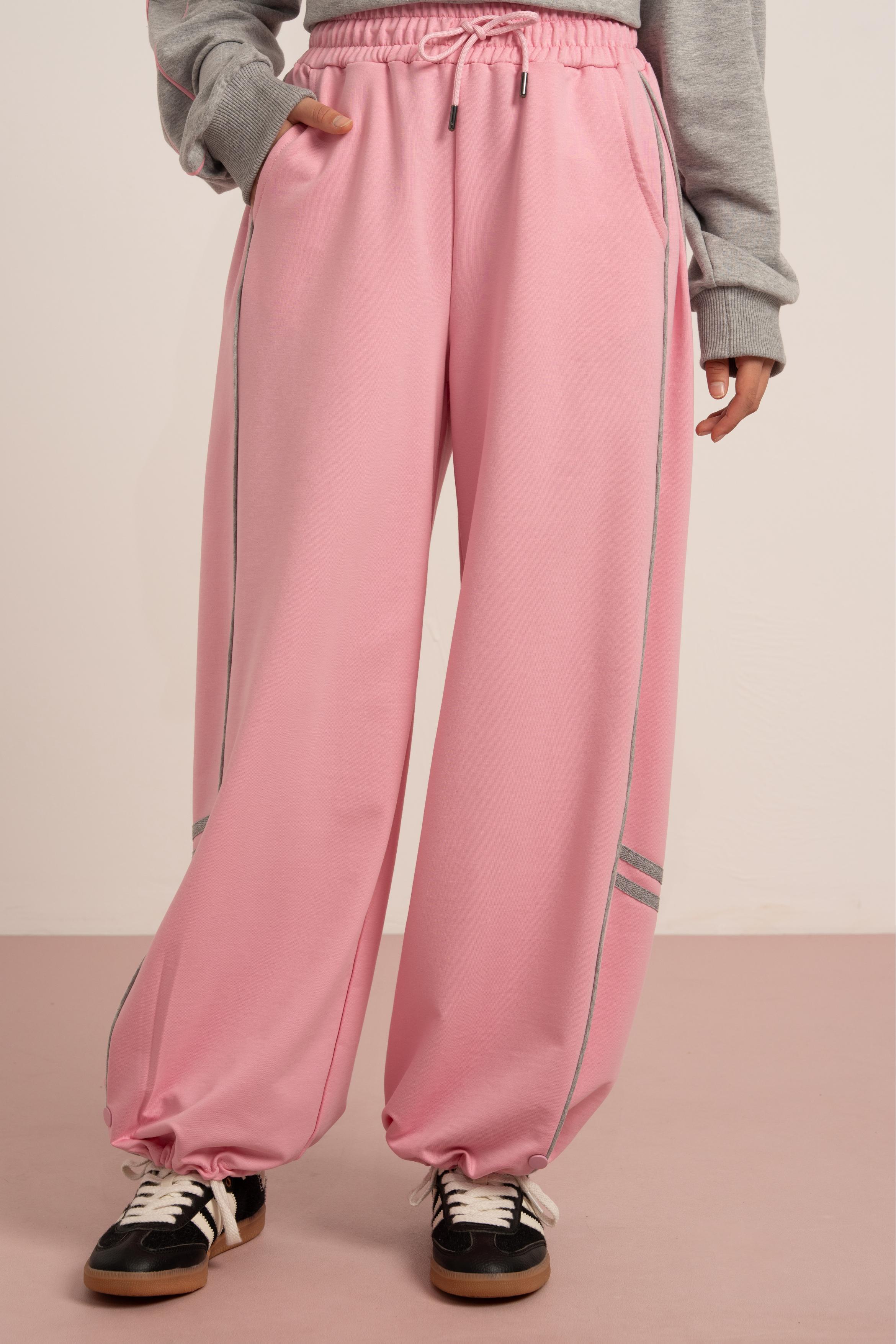 LOCO LOCO Gri Melanj Şeritli Pantolon - Pembe