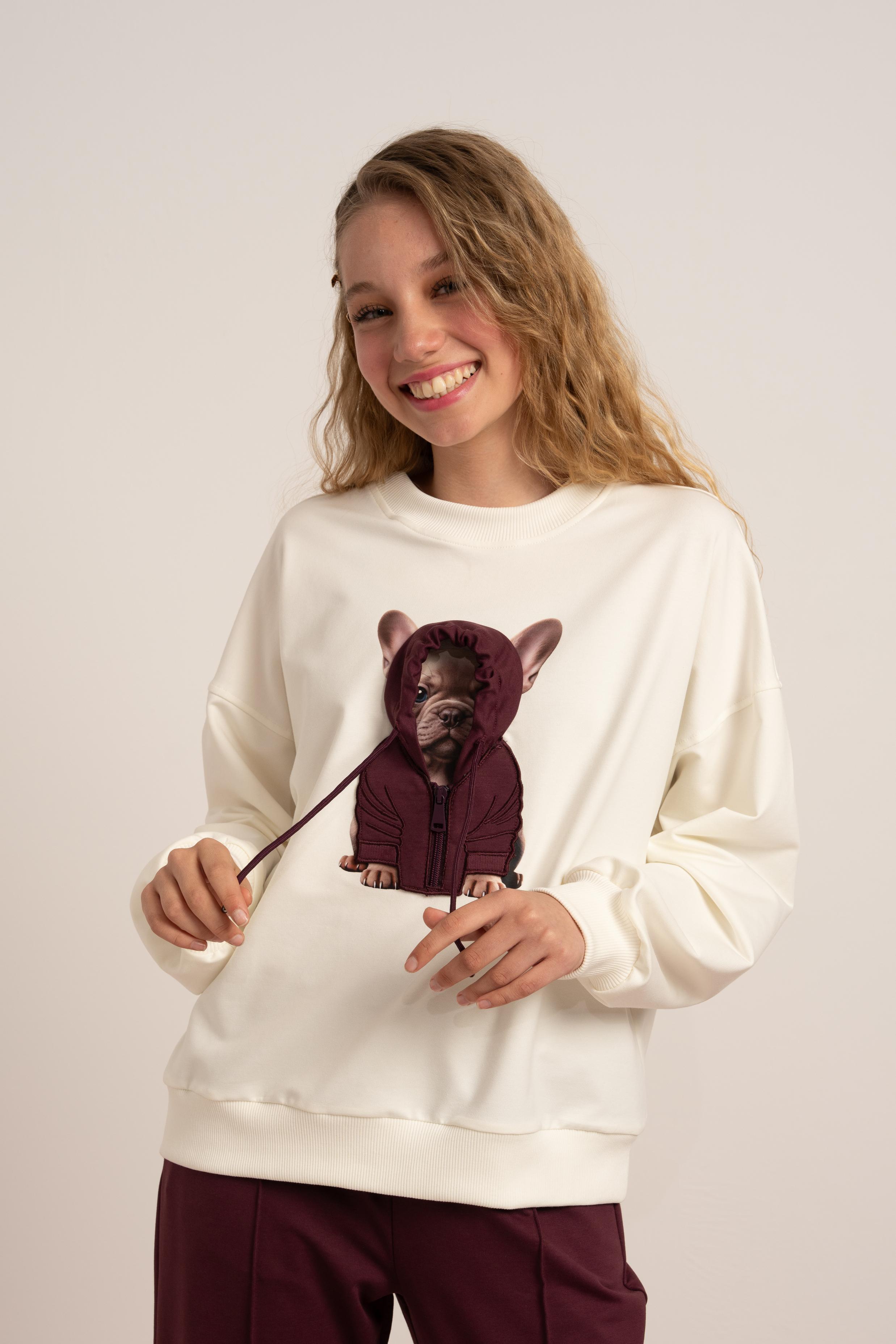 LOCO LOCO Kapşonlu Köpek Sweat - Ekru