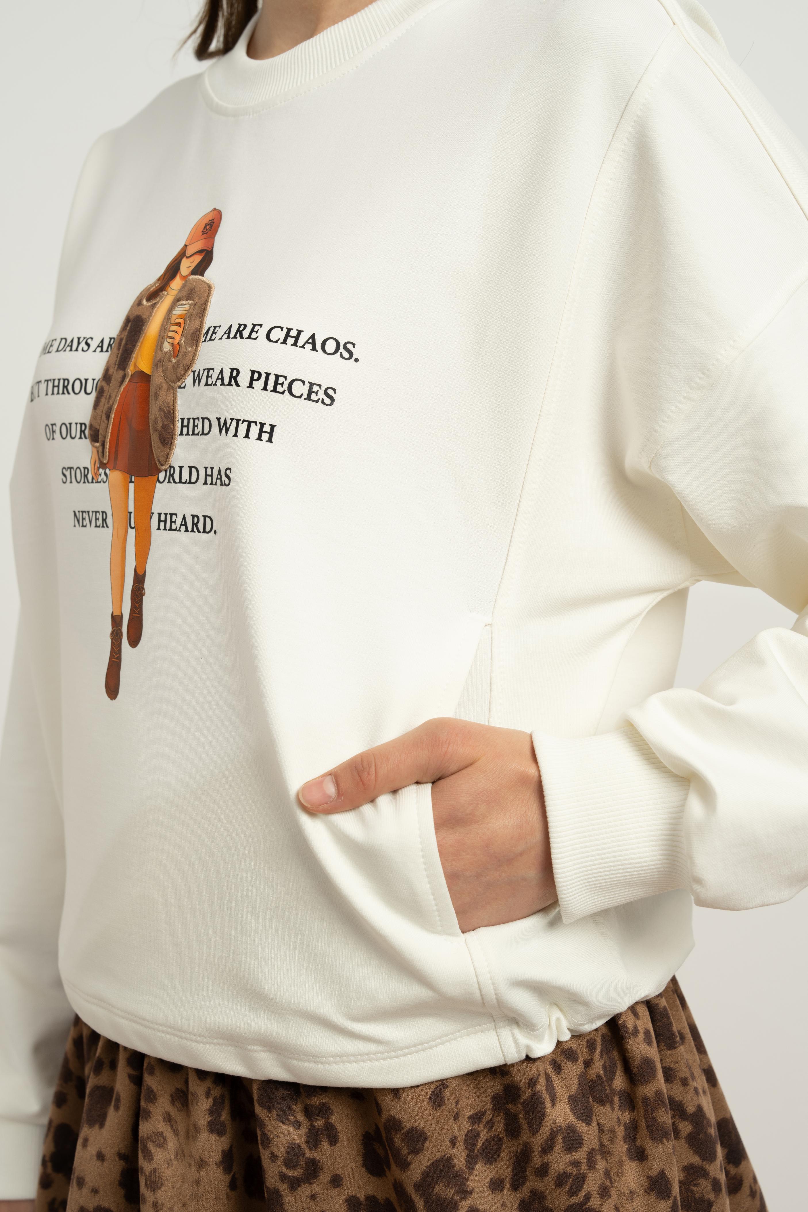 LOCO LOCO Kız Baskılı Sweat - Ekru